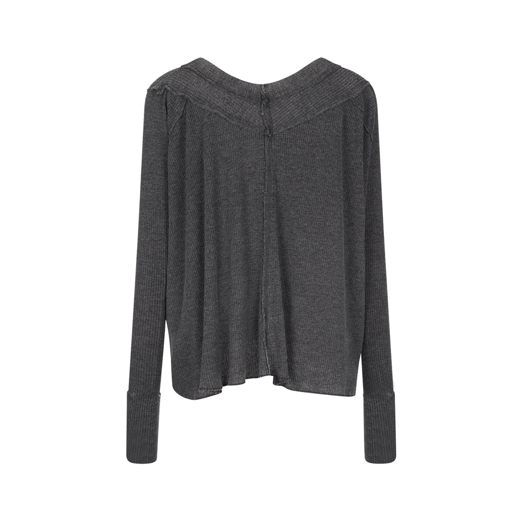 Gray knitted sweater with long sleeves, positioned on a white background.