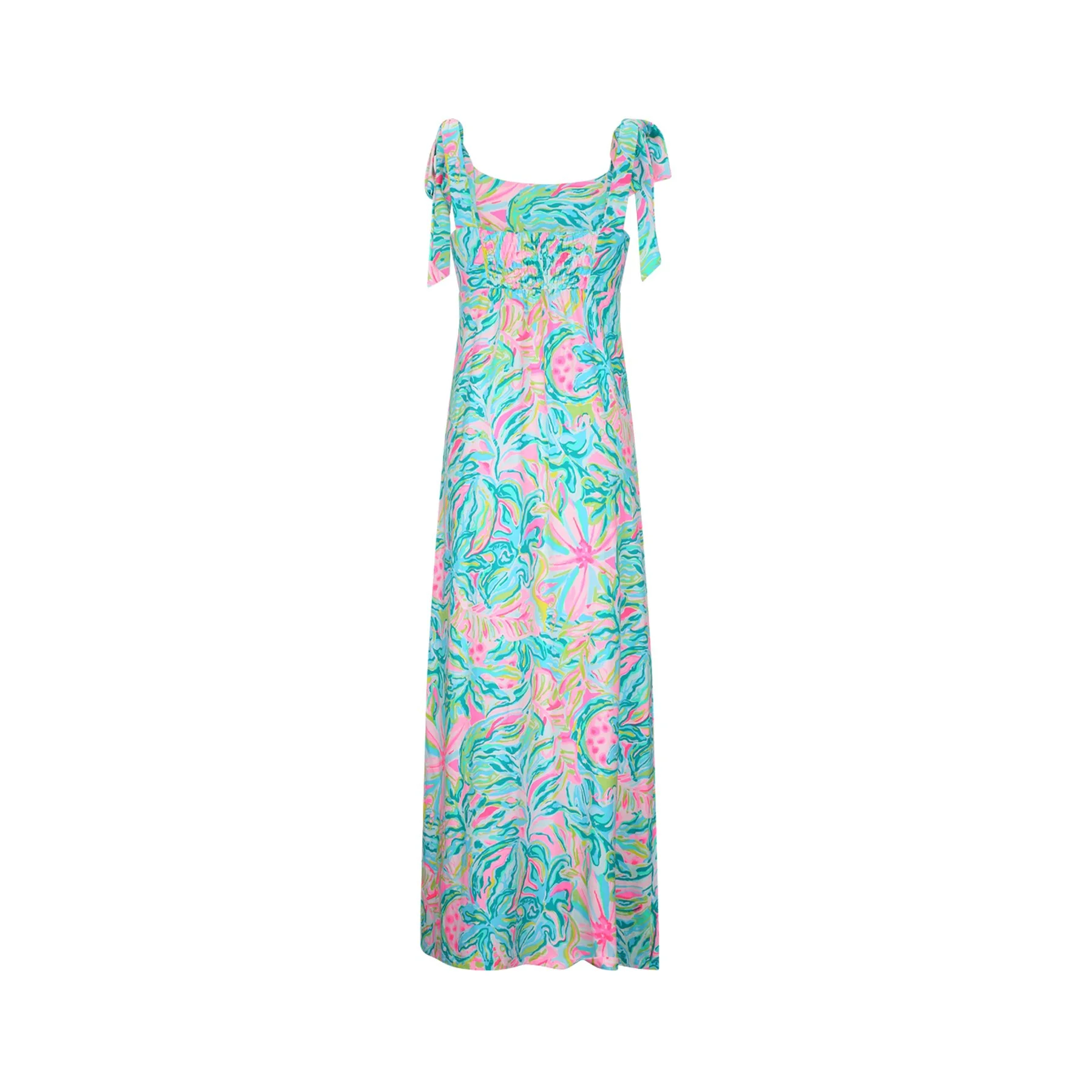 Colorful maxi dress with pink, blue, green, and yellow abstract floral pattern, tied shoulder straps, displayed against a white background.