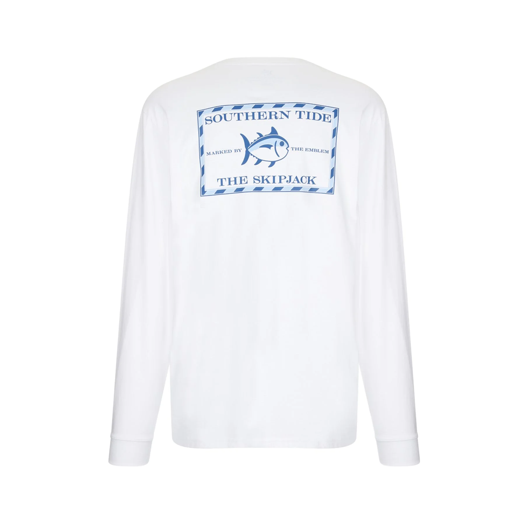 White sweatshirt with blue graphic and text reading "Southern Tide" and "The Skipjack," featuring a stylized fish icon.