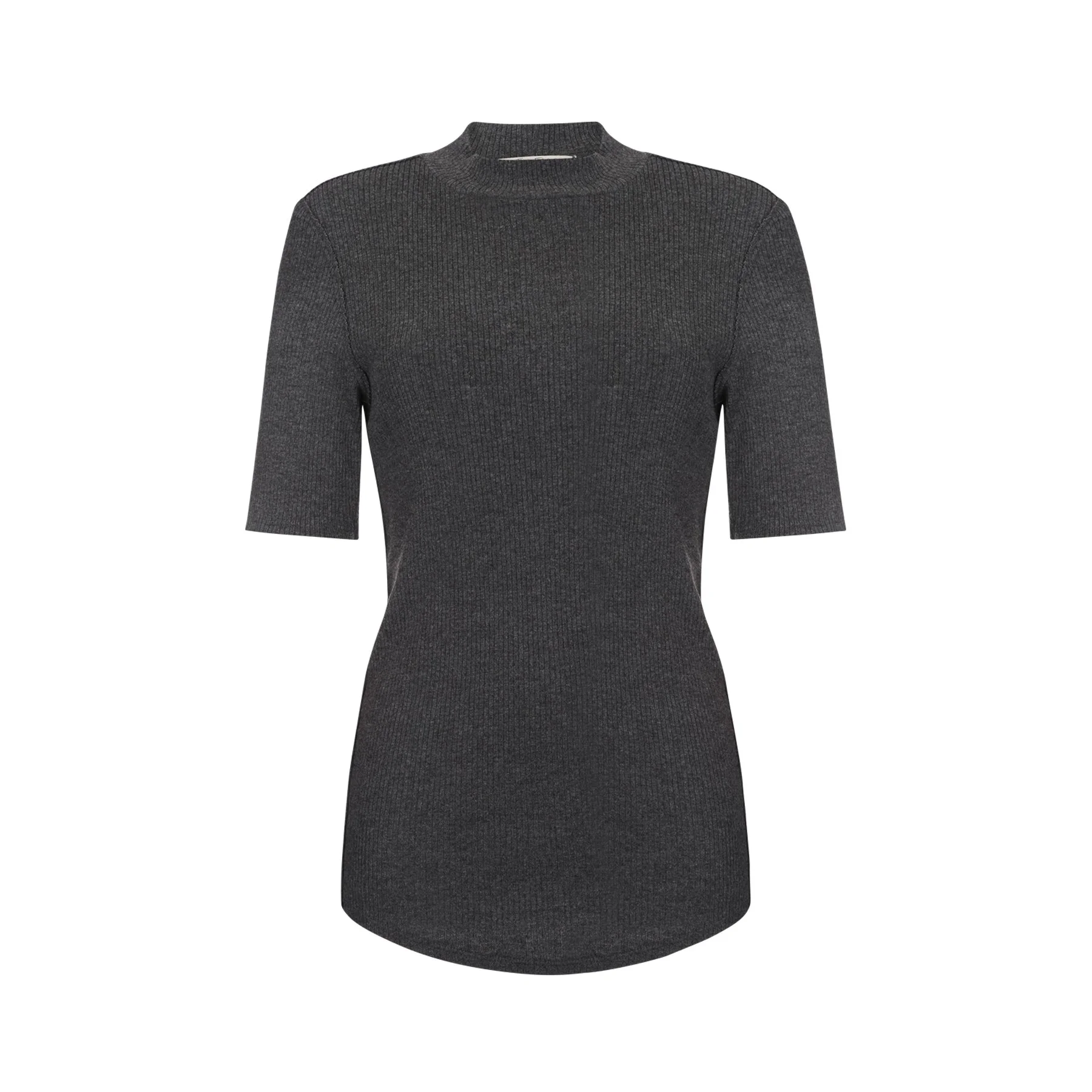 Dark gray, ribbed, short-sleeve knit dress with a high neckline.
