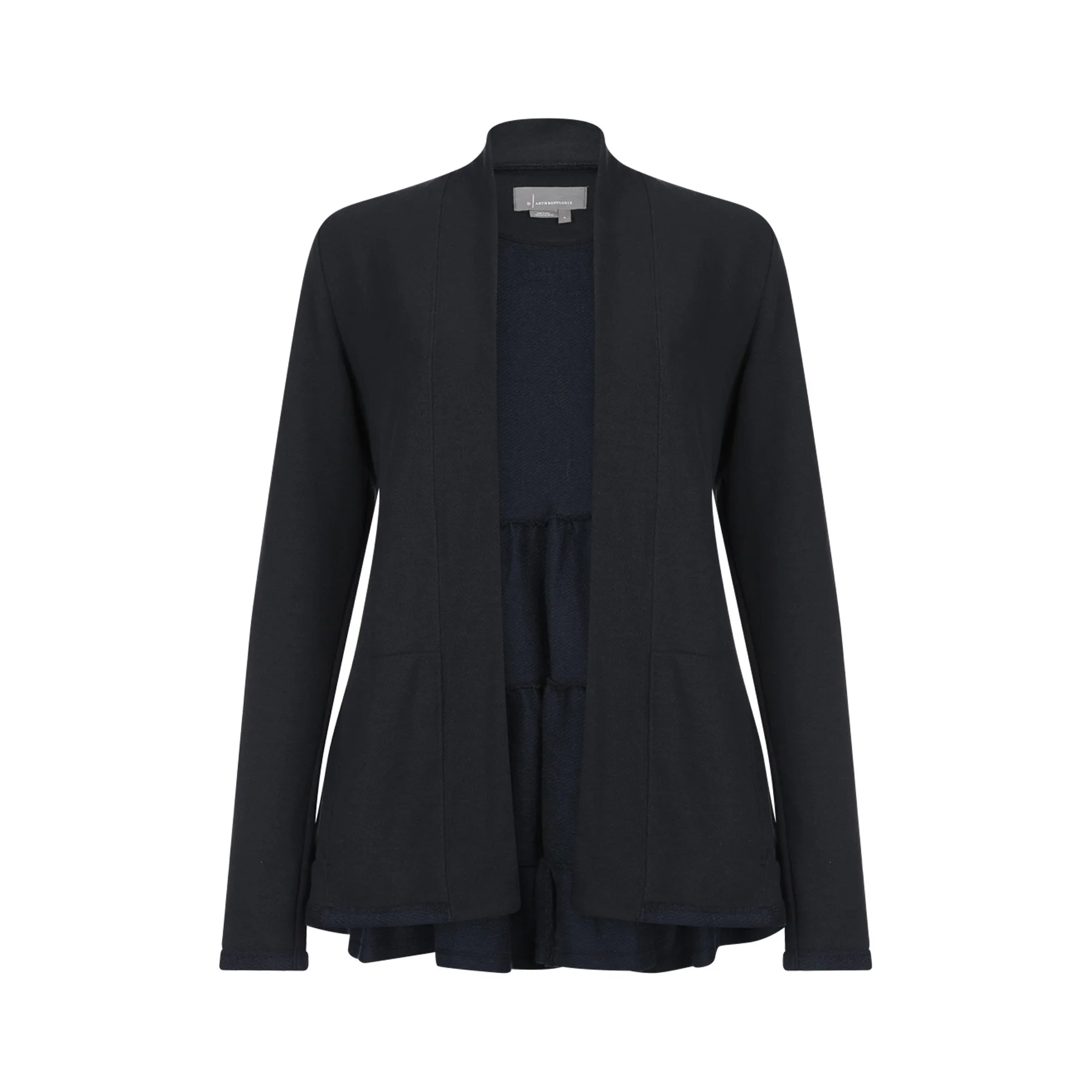 A black blazer worn over a dark shirt, displayed against a plain white background.