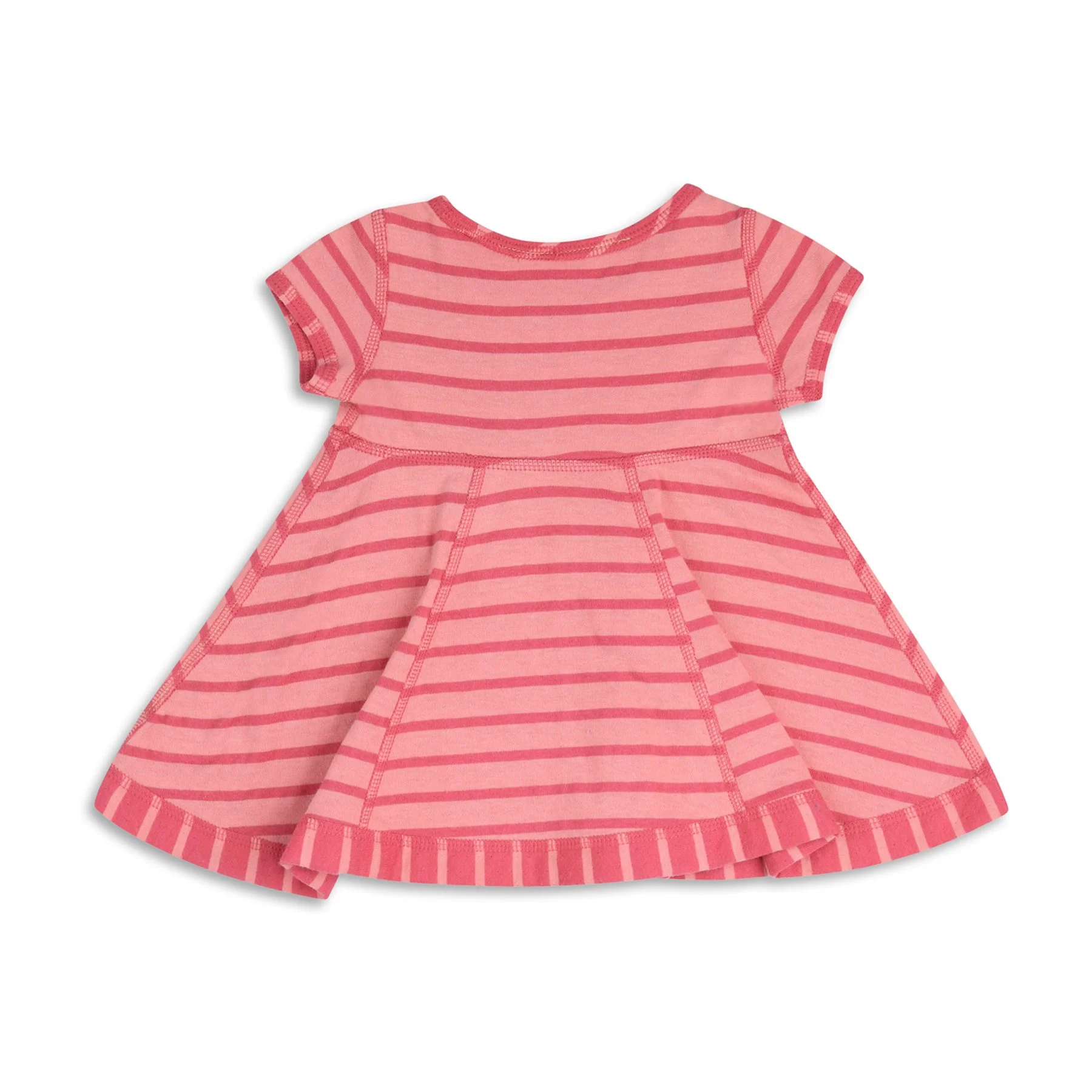 Pink dress with horizontal red stripes, short sleeves, and a flared skirt, laying flat on a white background.