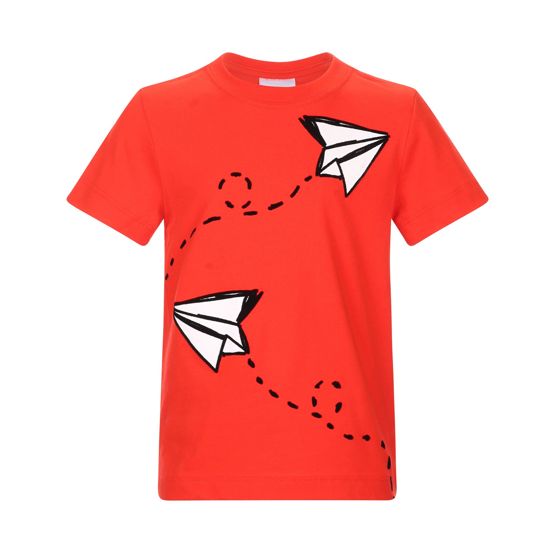 Red T-shirt with an illustration of two paper airplanes and a dashed flight path.
