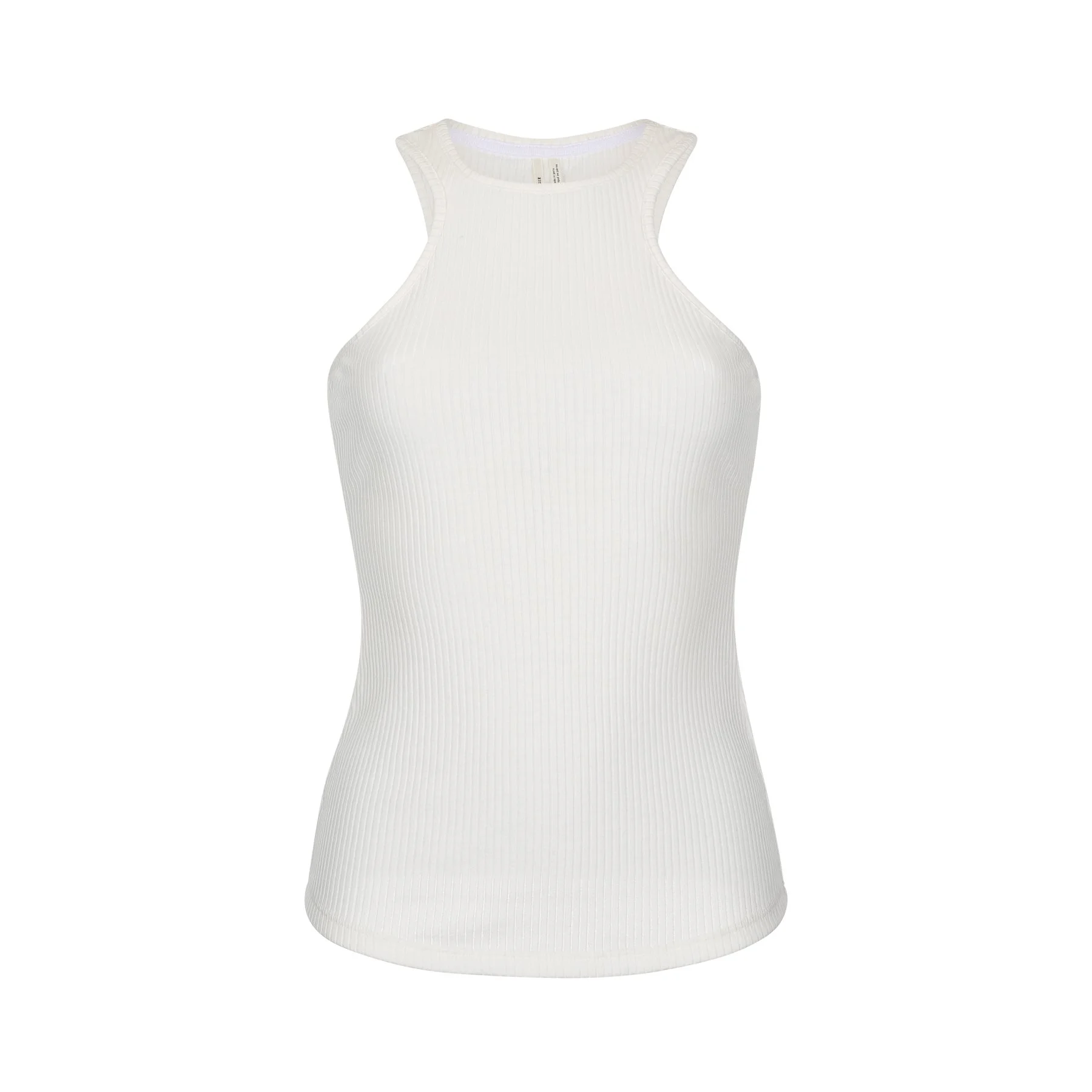 White sleeveless ribbed knit top on a mannequin