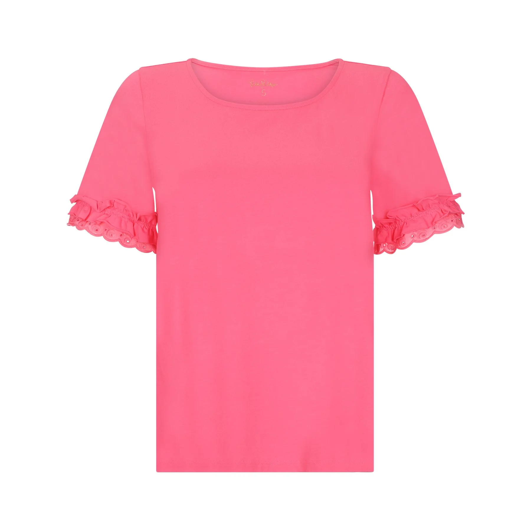 A pink women's dress with ruffled, eyelet trimmed sleeves.