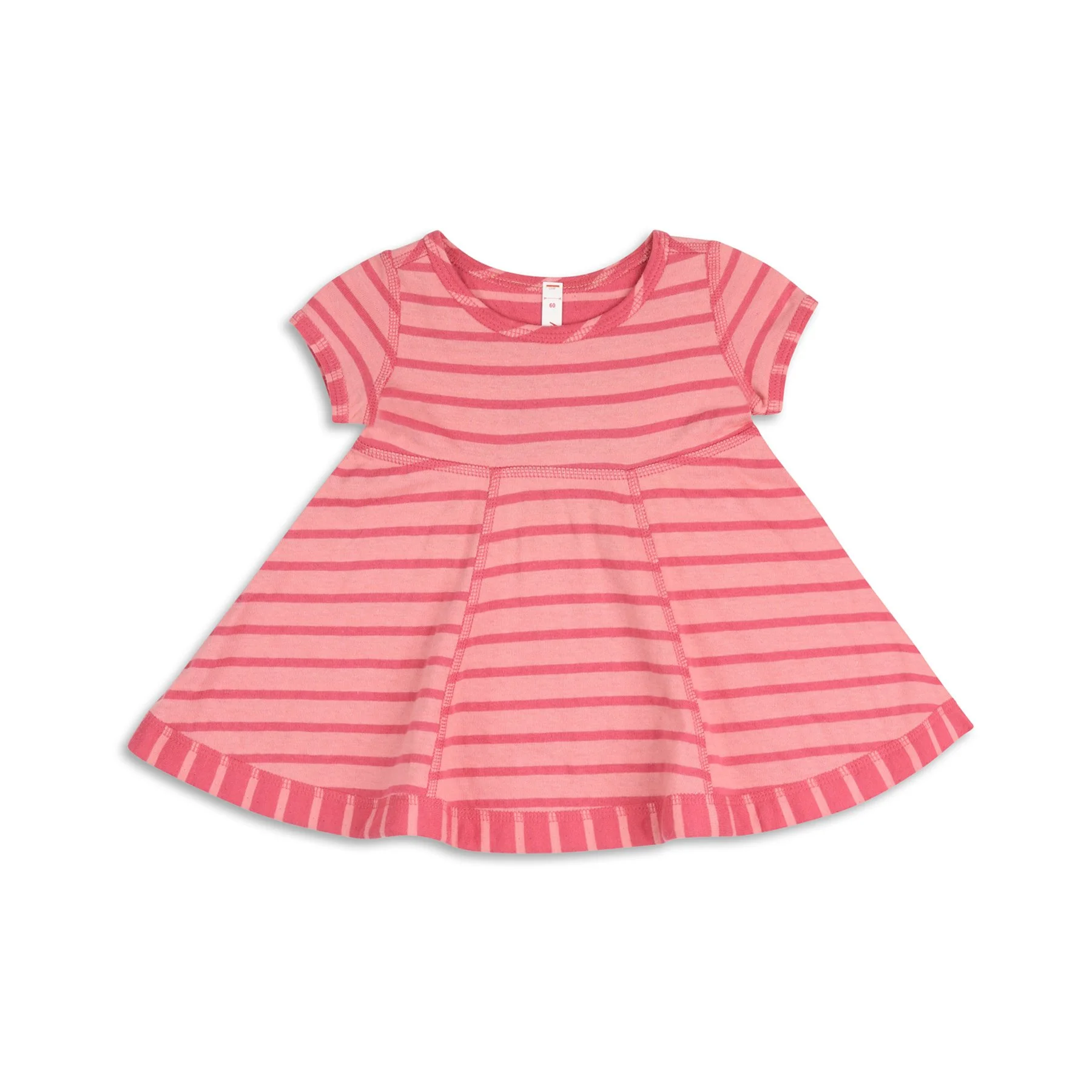 Pink and red striped dress with short sleeves and a flared skirt