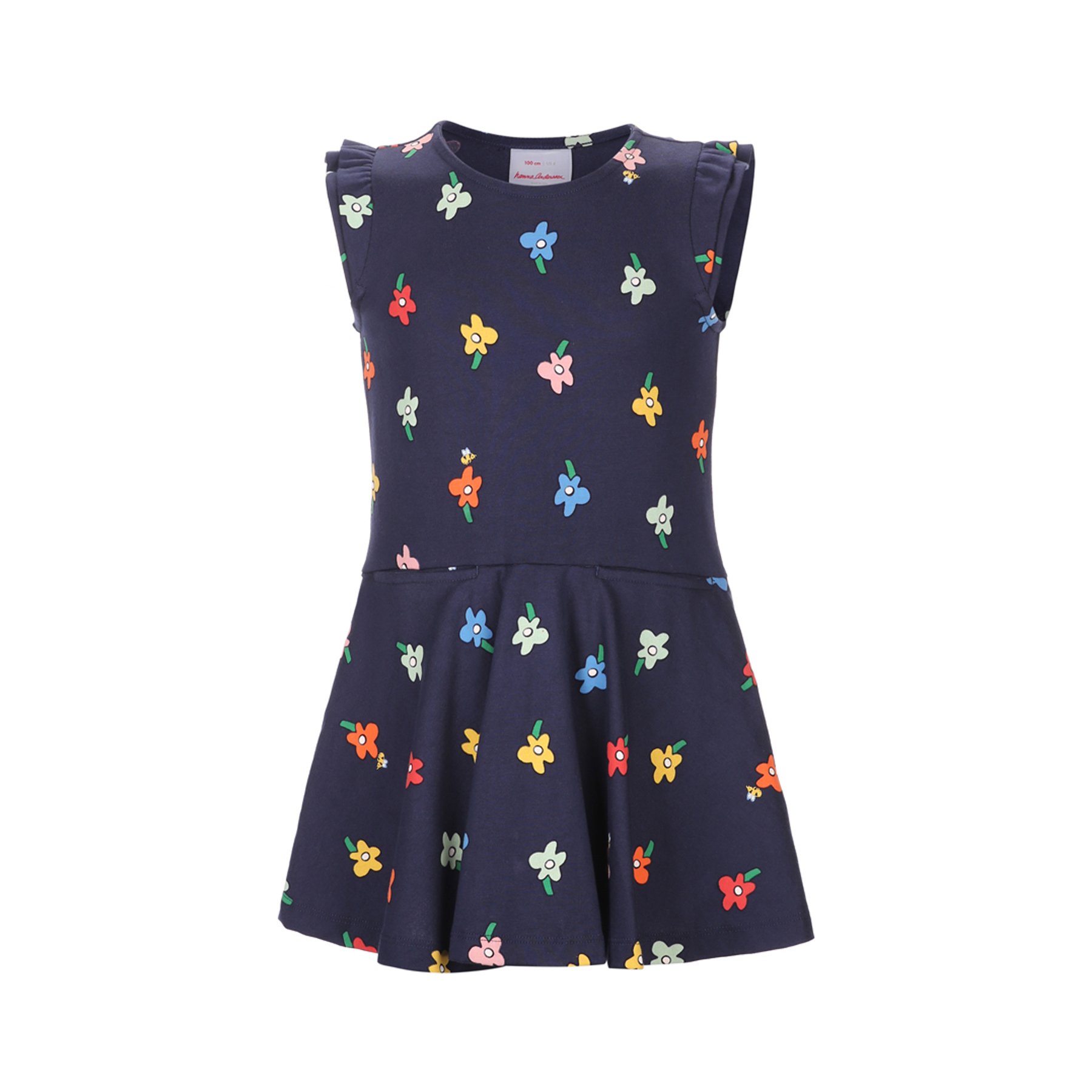 A navy blue sleeveless dress with a colorful floral pattern of small pink, blue, yellow, orange, white, and green flowers scattered across the fabric.