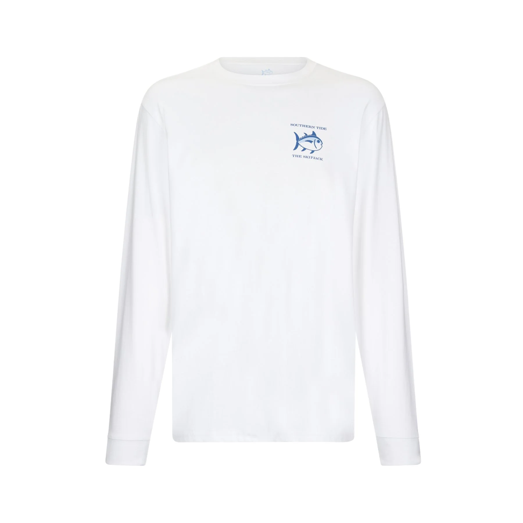 White long sleeve shirt with a blue fish graphic and text on the chest that reads 'Southern Tide The Skipjack'.