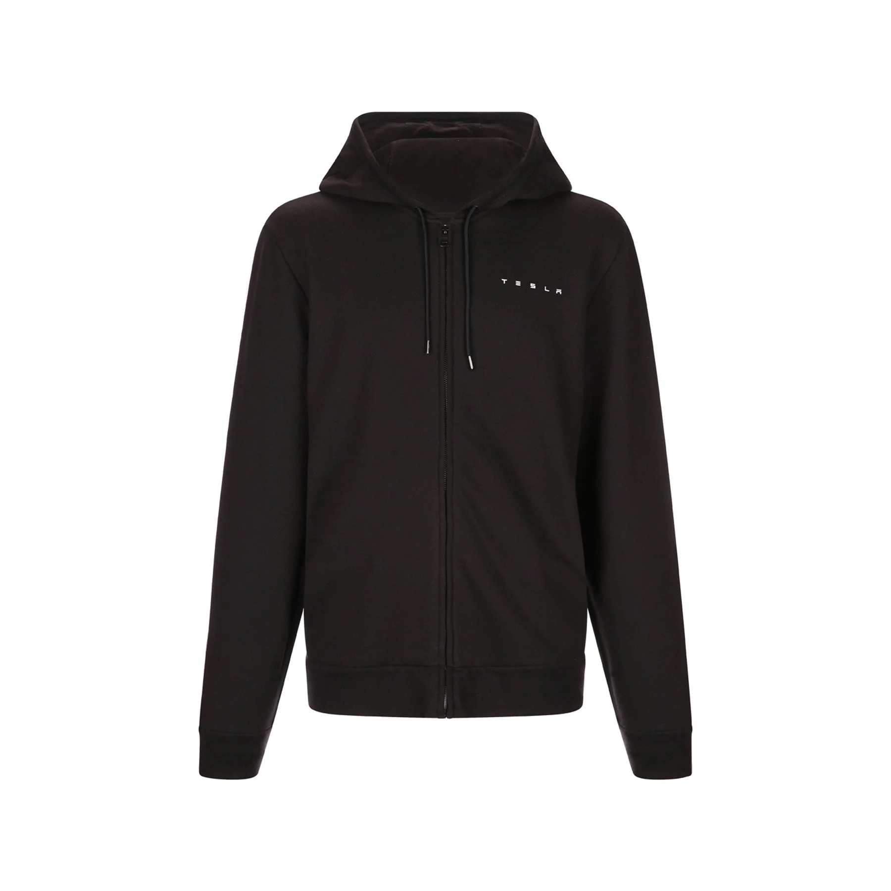 Black Tesla hoodie with zip-up front, drawstring hood, and Tesla logo on chest, displayed on a plain white background.