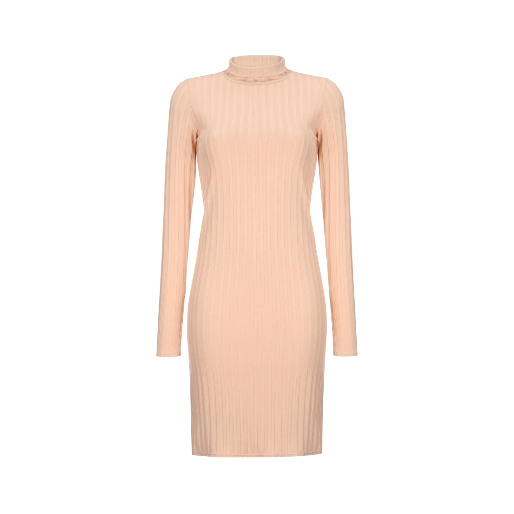 Pink ribbed turtleneck dress displayed against a plain white background.