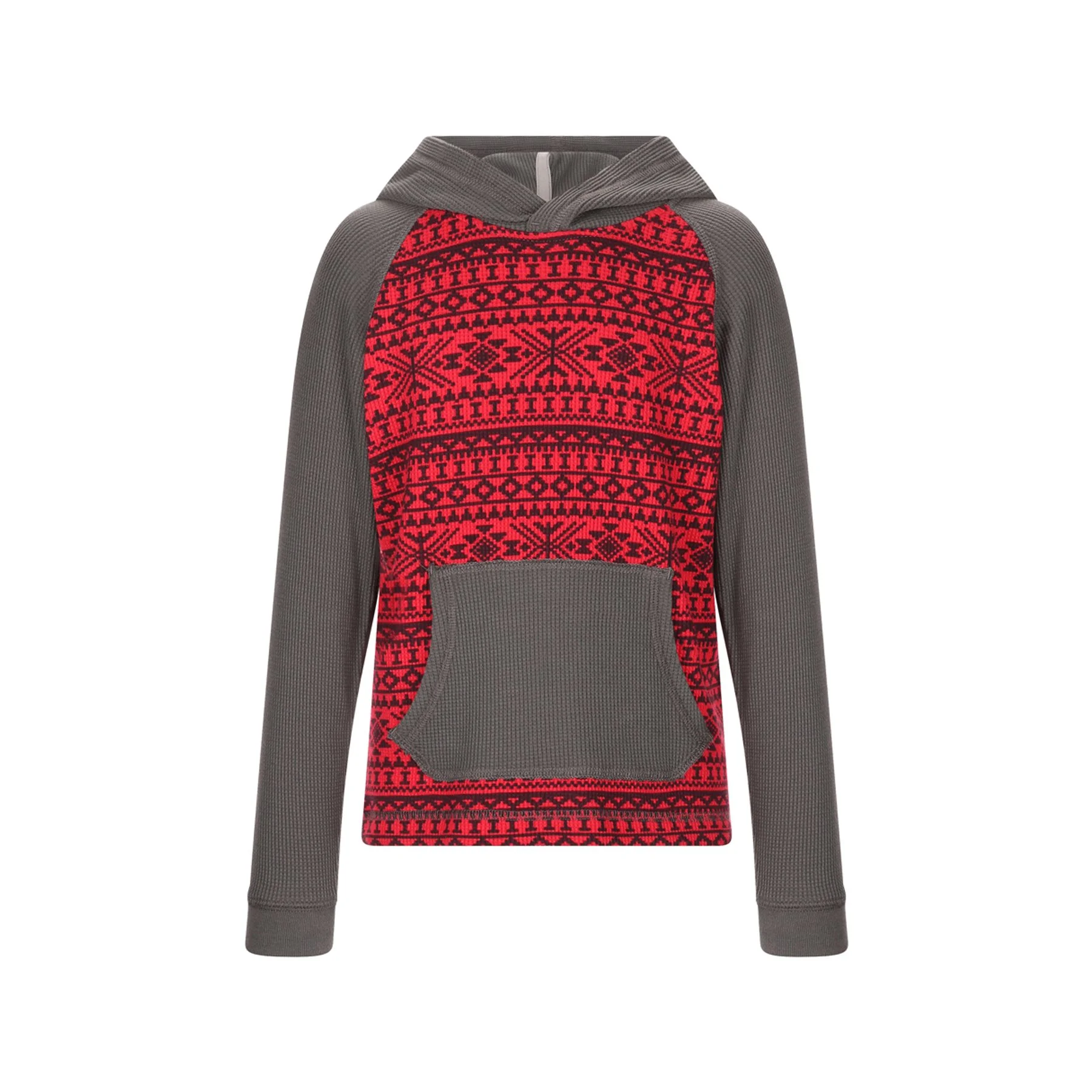 Gray hoodie with red and black Nordic-inspired pattern on the chest and front pocket.