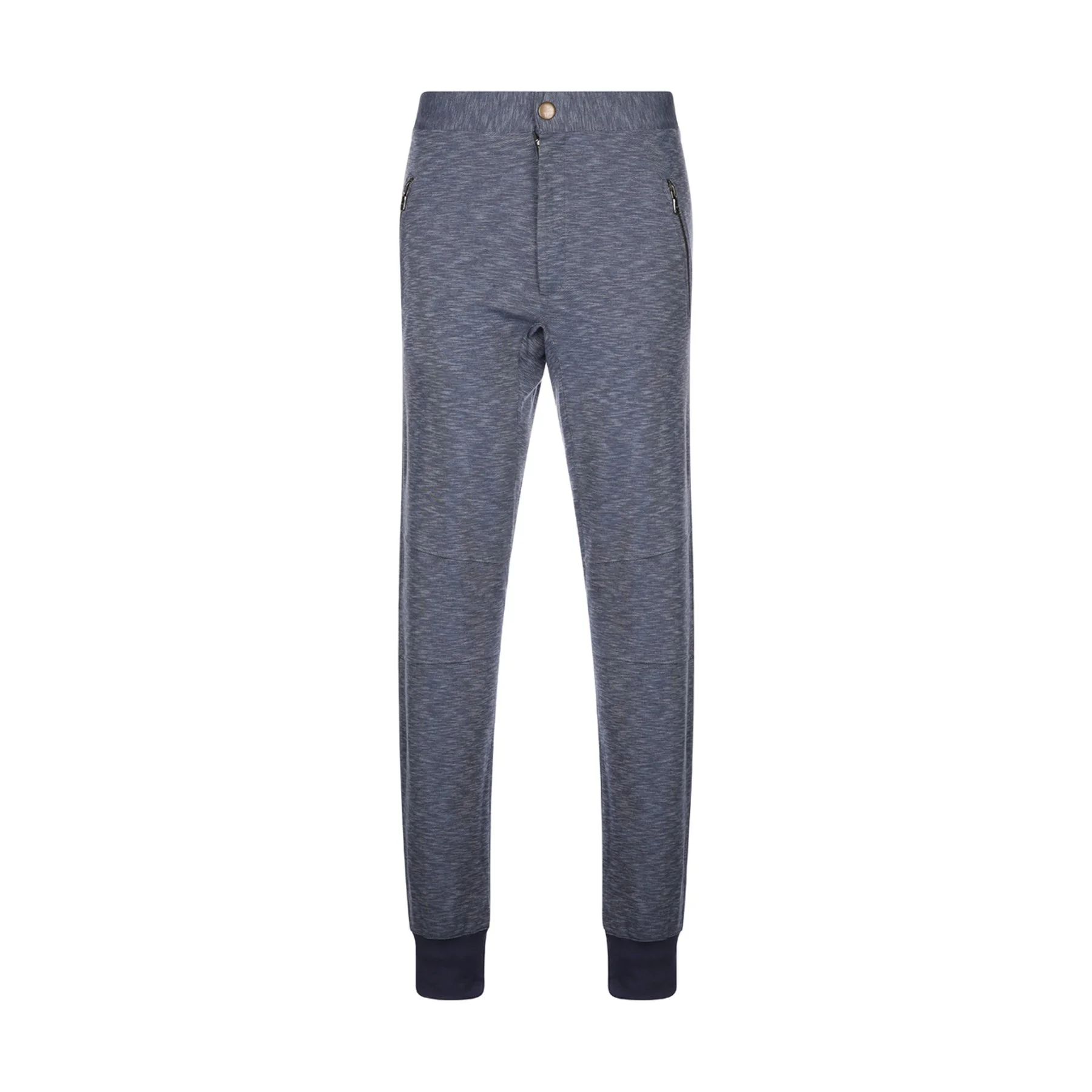 Gray athletic sweatpants with zippered side pockets, black cuffs, and a button closure at the waistband.