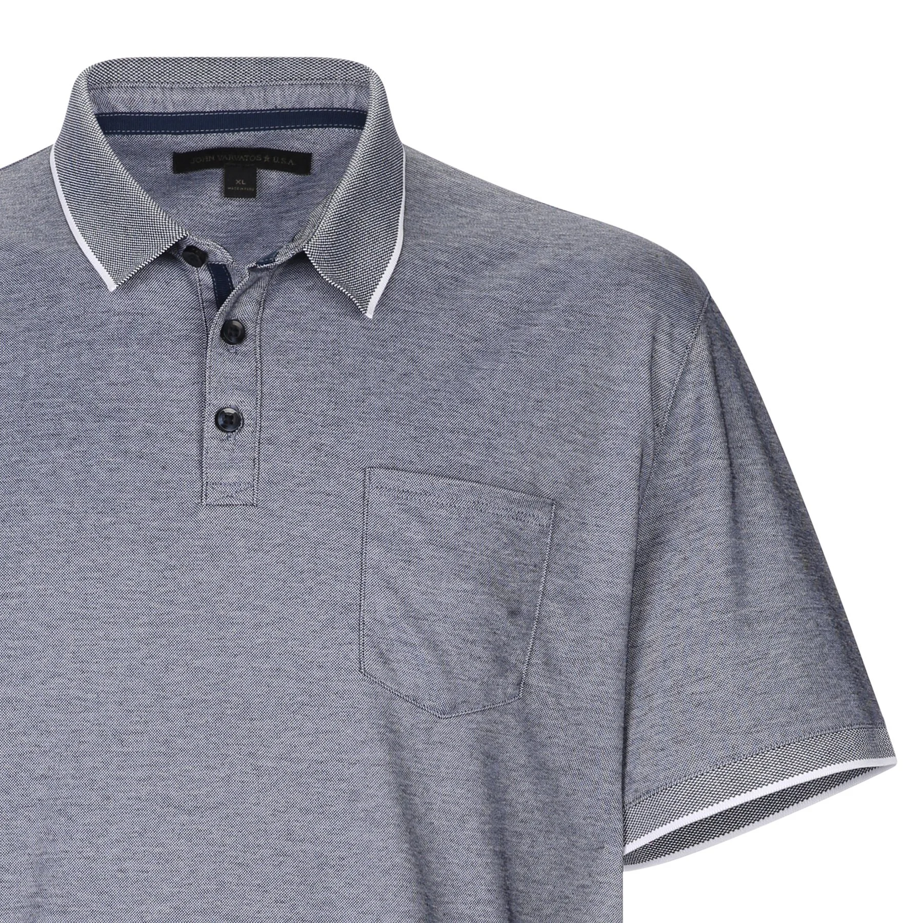Close-up of a men's gray dress shirt with a textured pattern, contrasting white trimmed collar, and short sleeves with two white stripes on the sleeve cuff.