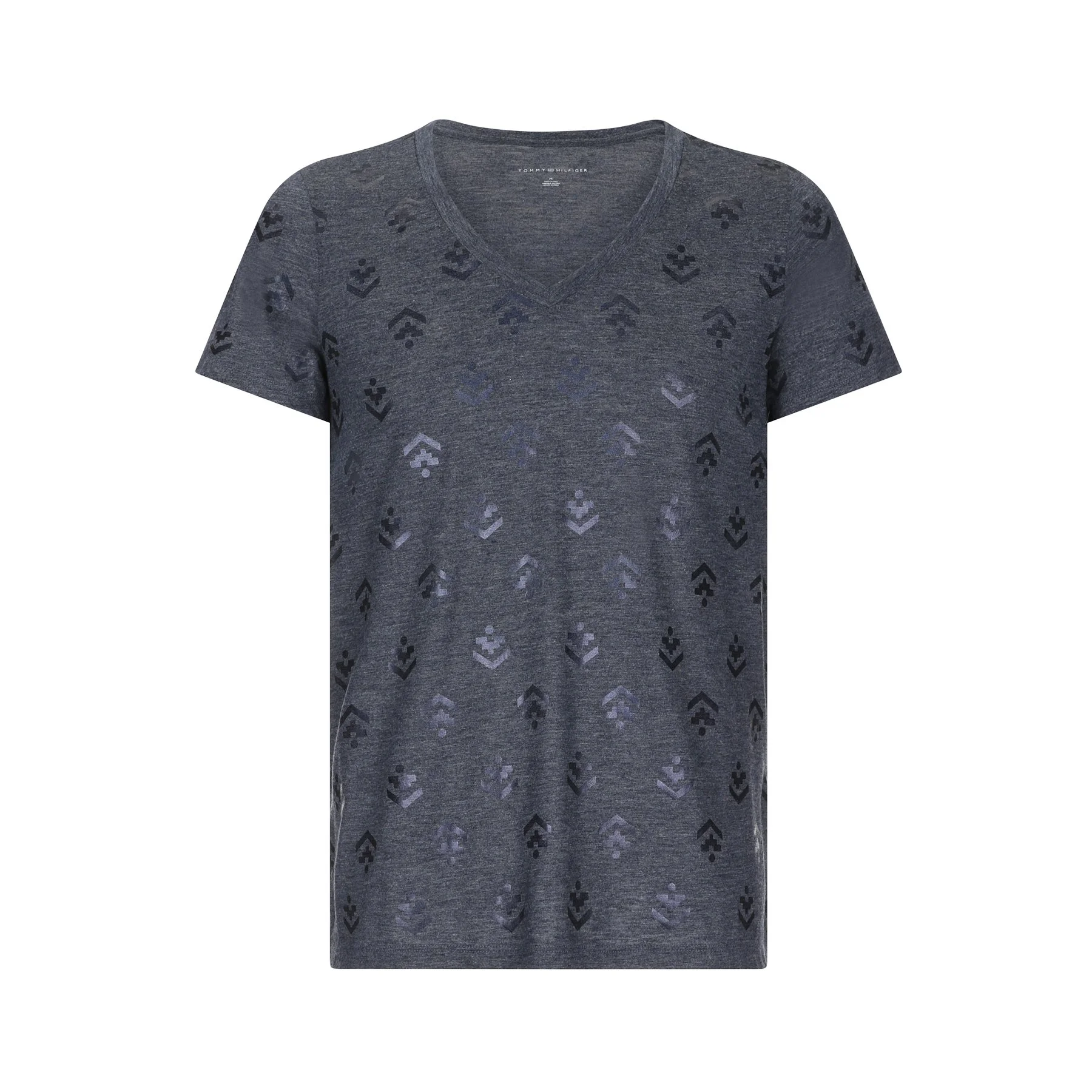 Gray V-neck T-shirt with black geometric pattern from Tommy Hilfiger.