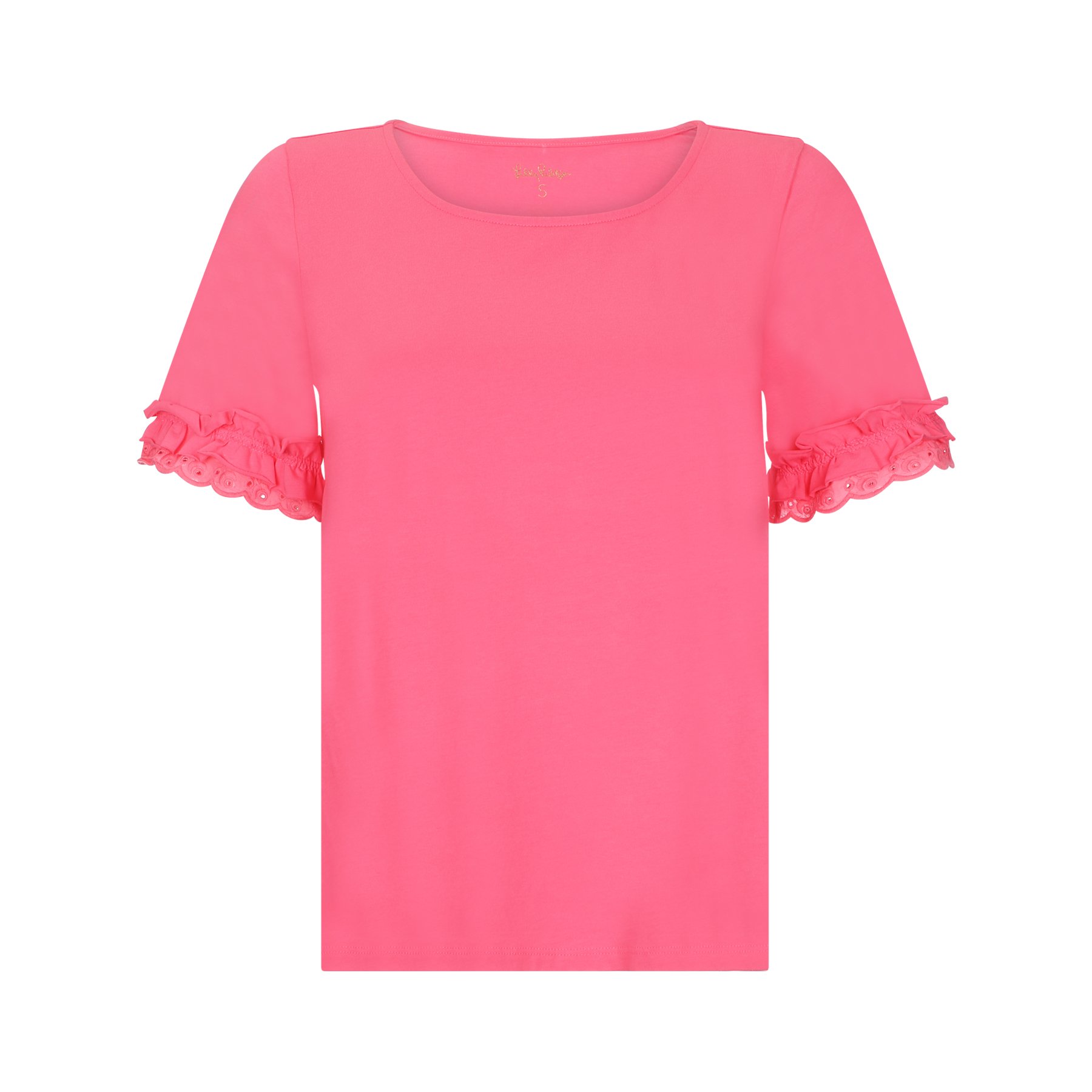 Pink dress with ruffled sleeves and eyelet details.