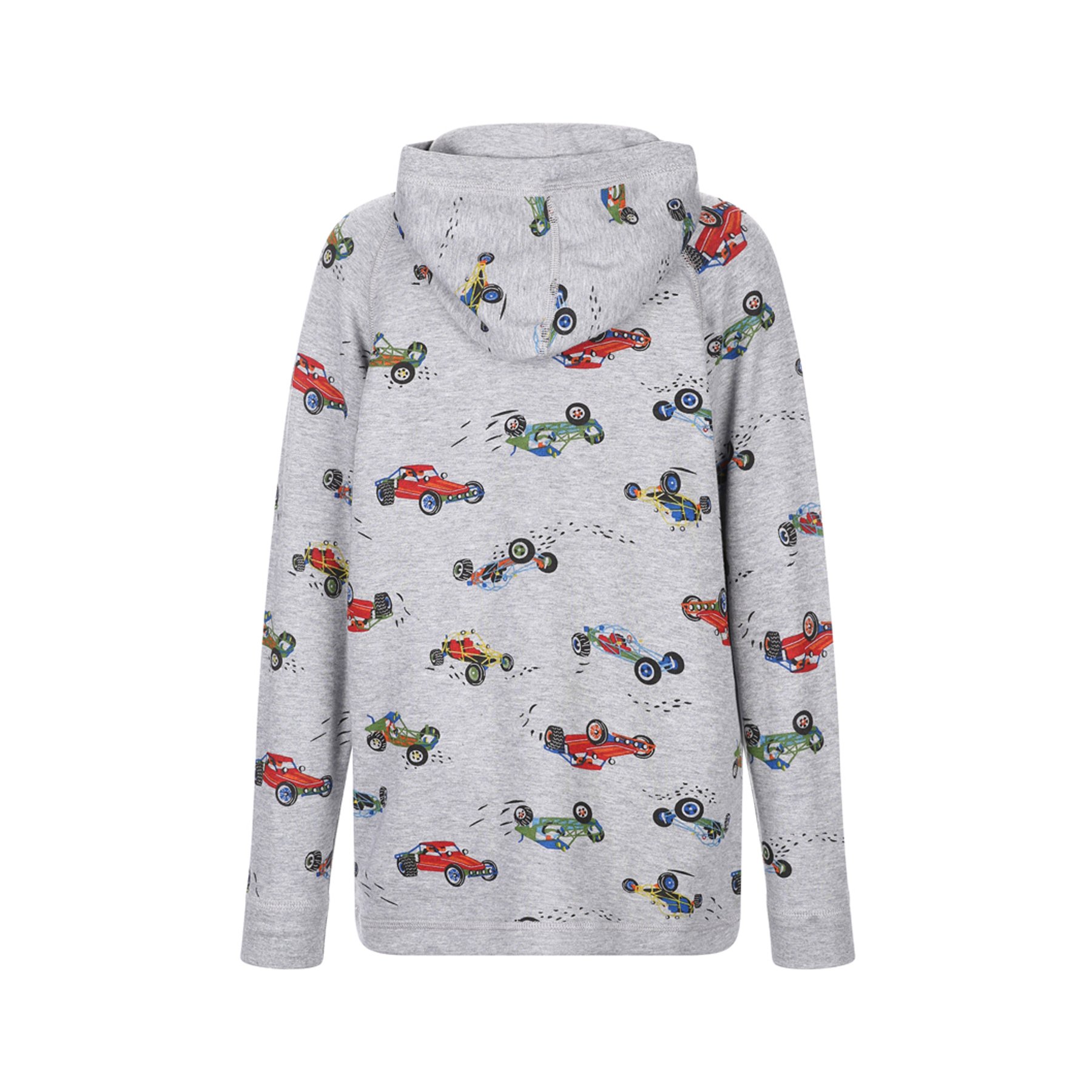 Gray hoodie featuring colorful race car and tractor illustrations.