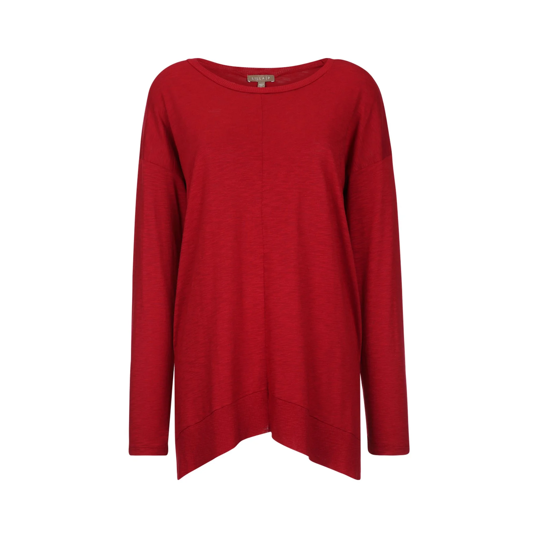 Red long-sleeve women's top with a boat neckline and a curved hem.