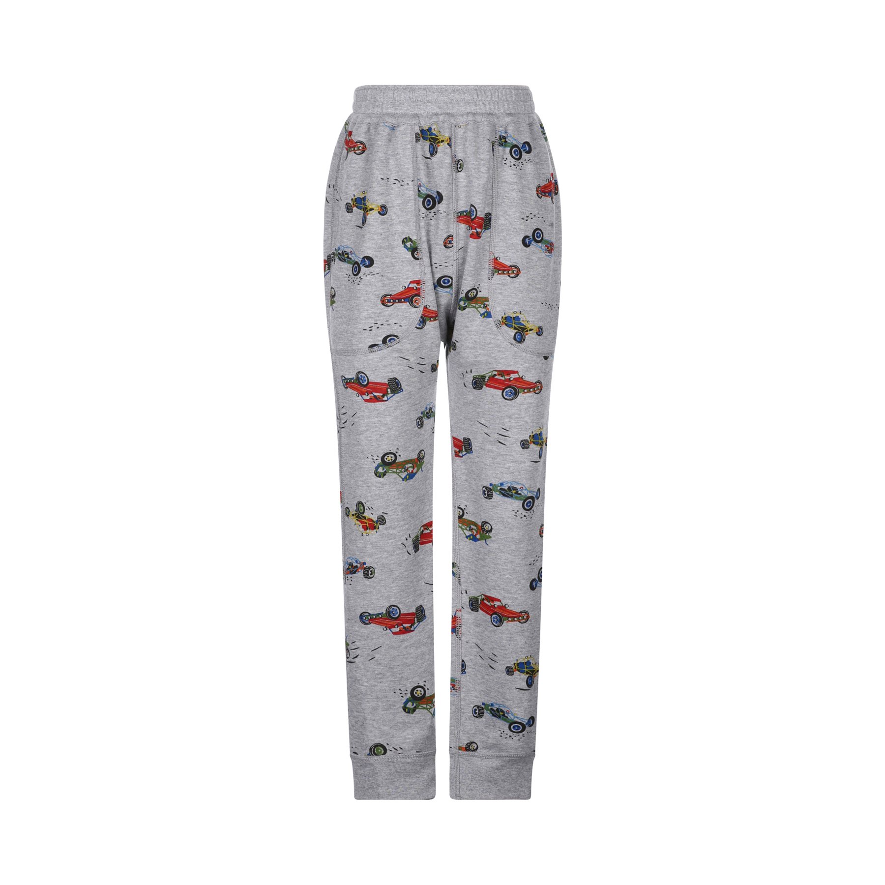 Gray sweatpants with a colorful race car pattern.