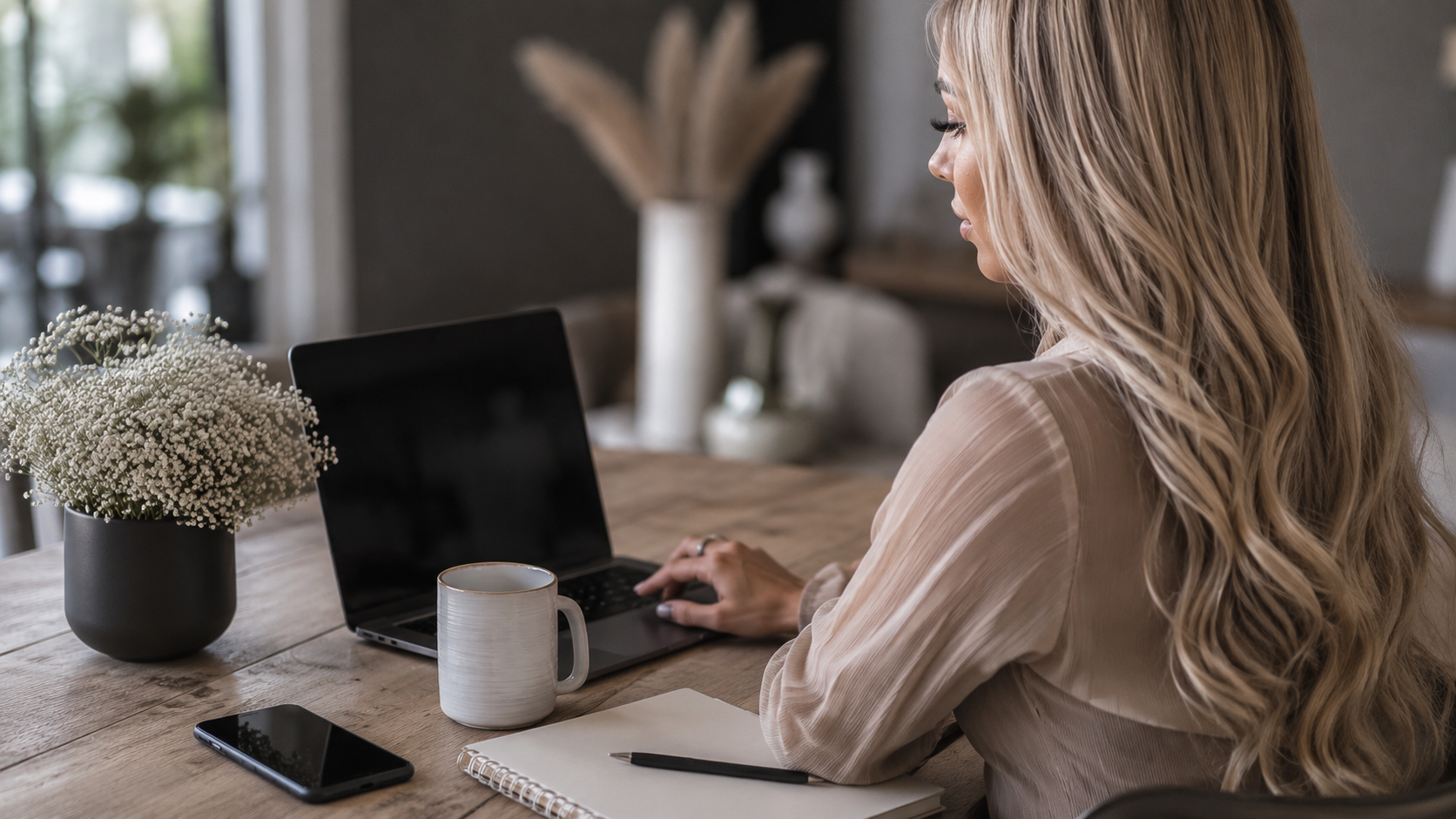 A woman with long wavy blonde hair working on a laptop at a wooden table. There is a black coffee mug, a smartphone, a notebook with a pen, a potted plant with white flowers, and a white decorative mug on the table.