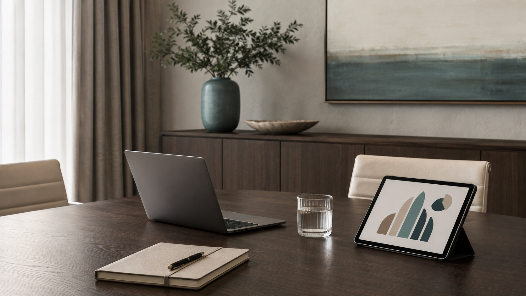 A conference room with a wooden table, a laptop, a tablet, a glass of water, a notebook with a pen, beige chairs, a cabinet with a large blue vase with greenery, a decorative bowl, and a framed abstract painting on the wall.
