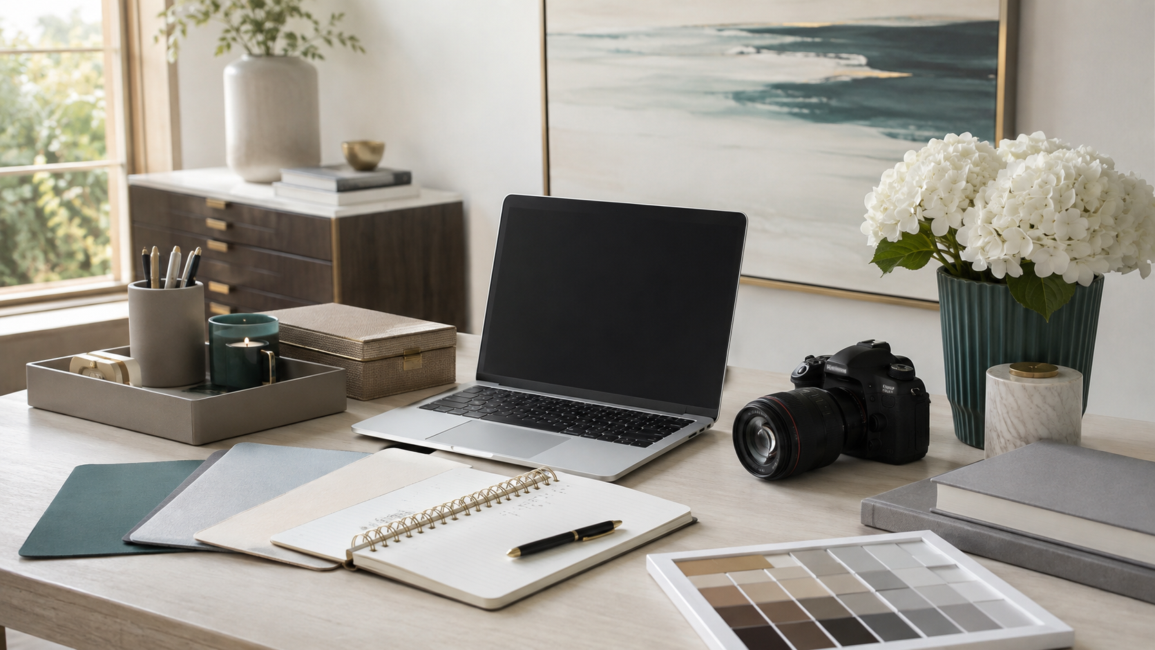 A neatly organized workspace desk with a laptop, camera, notebooks, a pen, a floral arrangement, a color palette, and other office supplies, set in a bright room with a window and artwork in the background.