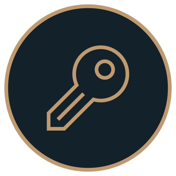 Icon of a key with a round head and a notched shaft on a dark background.