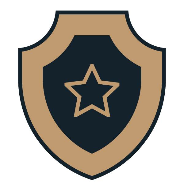 A shield with a star in the center, featuring a beige outer border and a dark inner background.