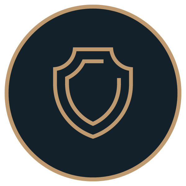 Icon of a shield outline with a smaller shield inside it on a dark background.