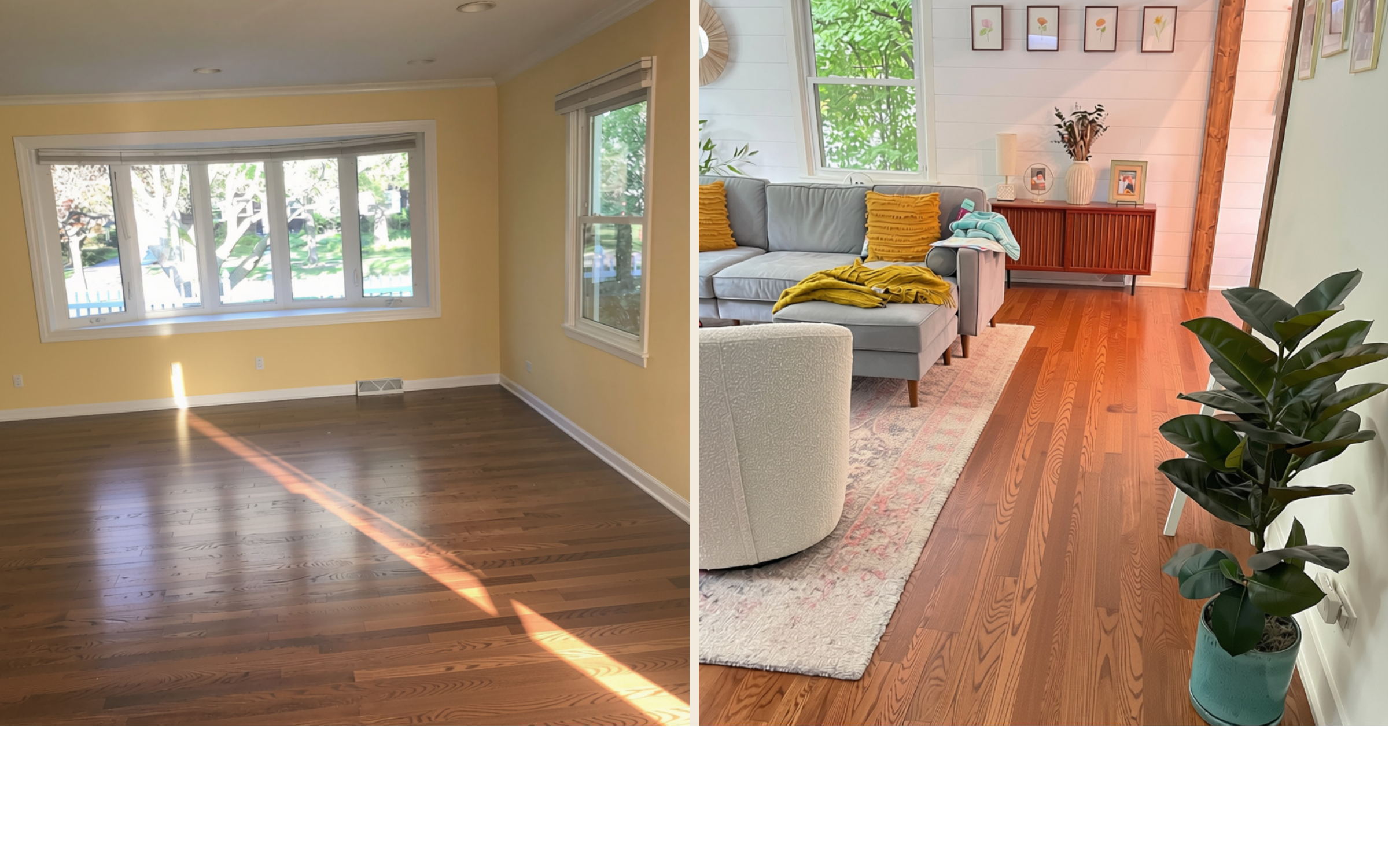 Before and after comparison of a living room: empty room with yellow walls, versus the same room repainted white and furnished with a gray sofa, mustard pillows, a patterned rug, and a potted plant.
