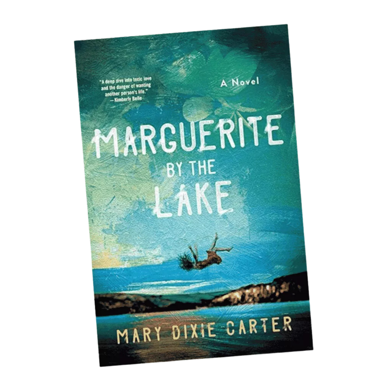 Book cover of 'Marguerite by the Lake' by Mary Dixie Carter, featuring an illustration of a lake, a tree branch, and a floating swimmer.