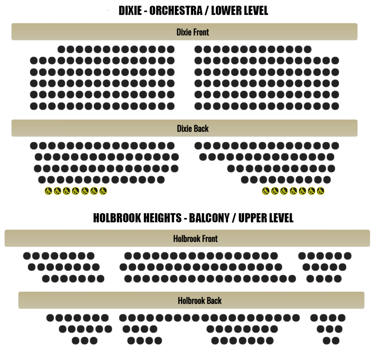 Seating chart for The Dixie and Hal Holbrook Theater in Huntingdon, TN.