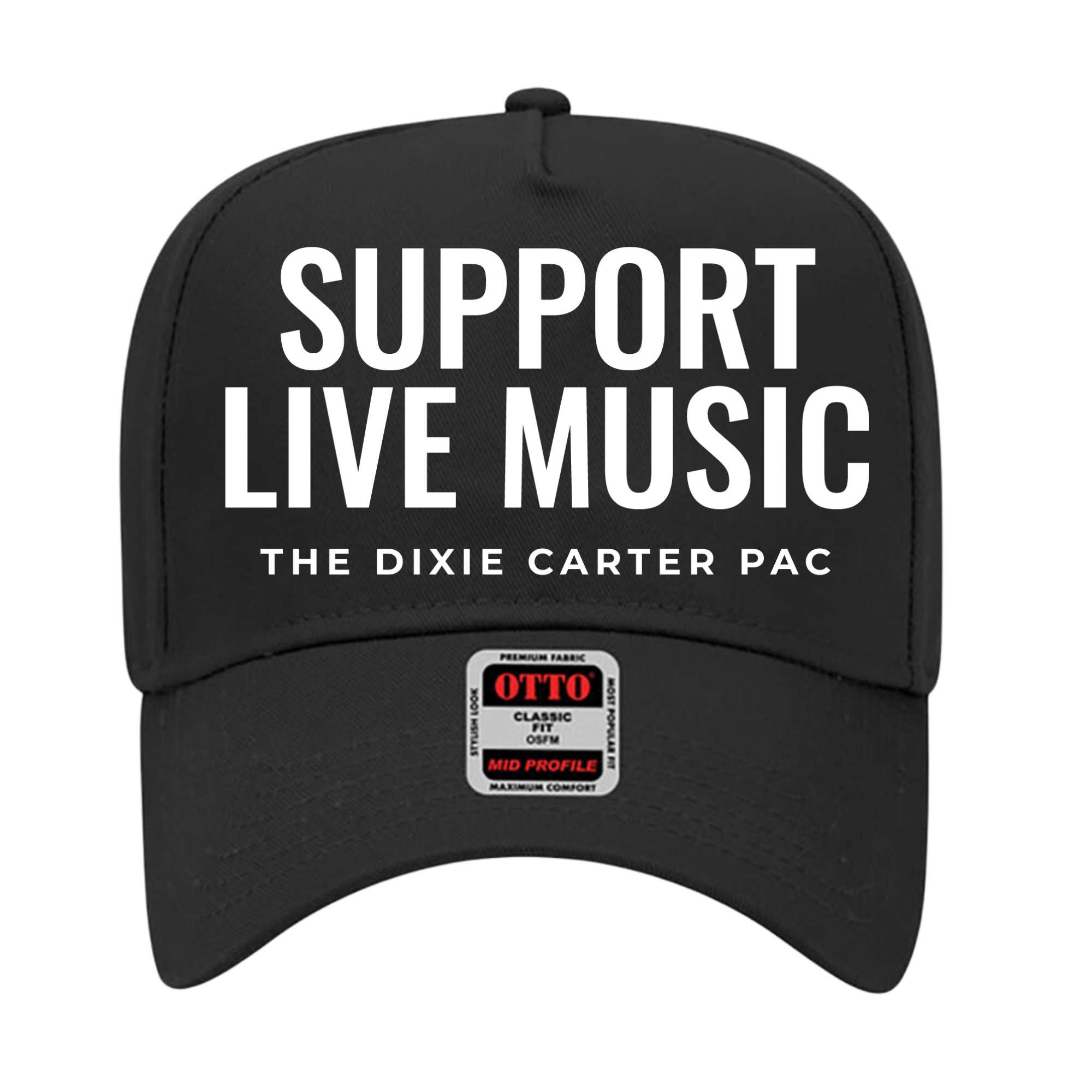 Black trucker hat with Support Live Music logo from The Dixie Carter Performing Arts Center.