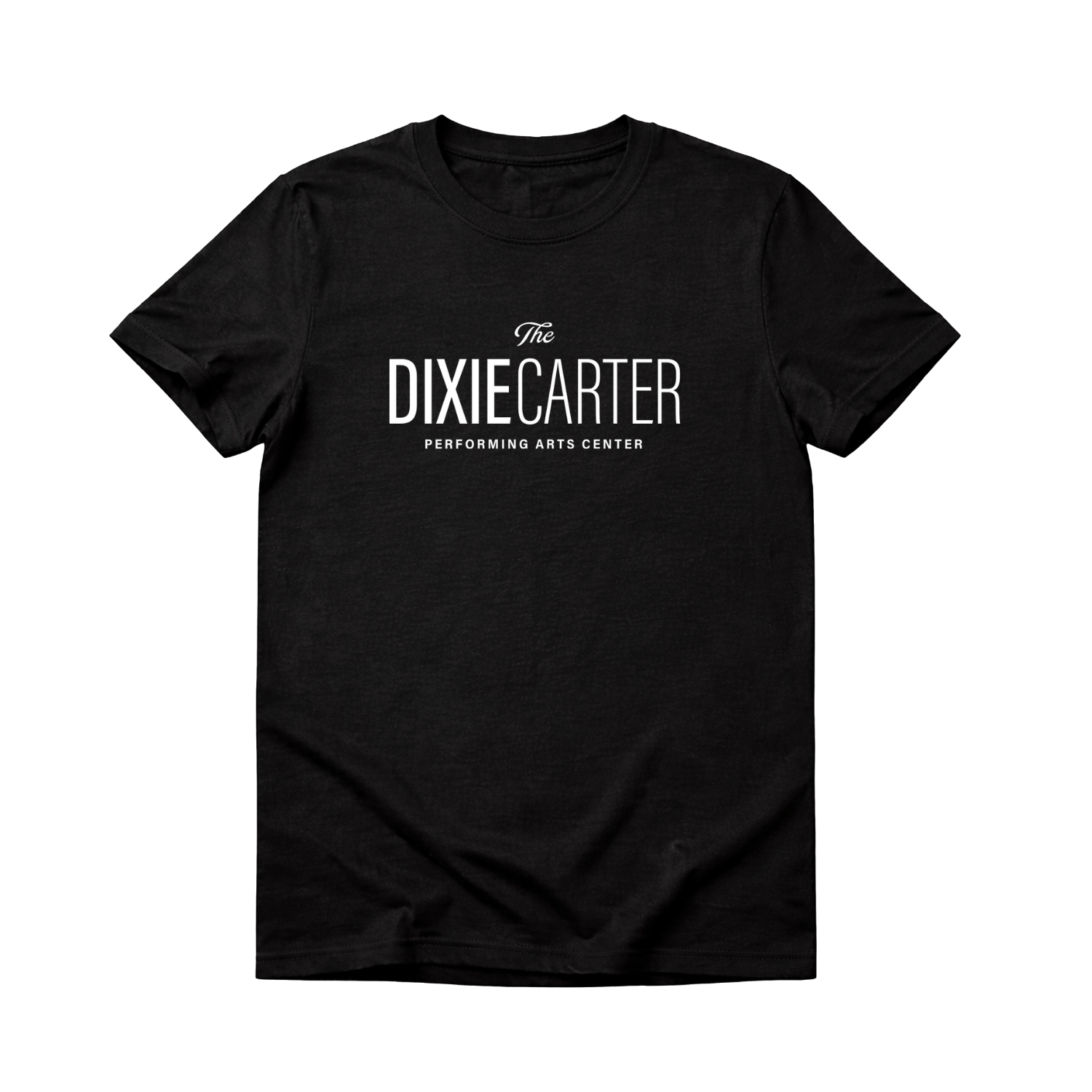 Black T-shirt with white printed text that reads "The DIXIE CARTER PERFORMING ARTS CENTER".