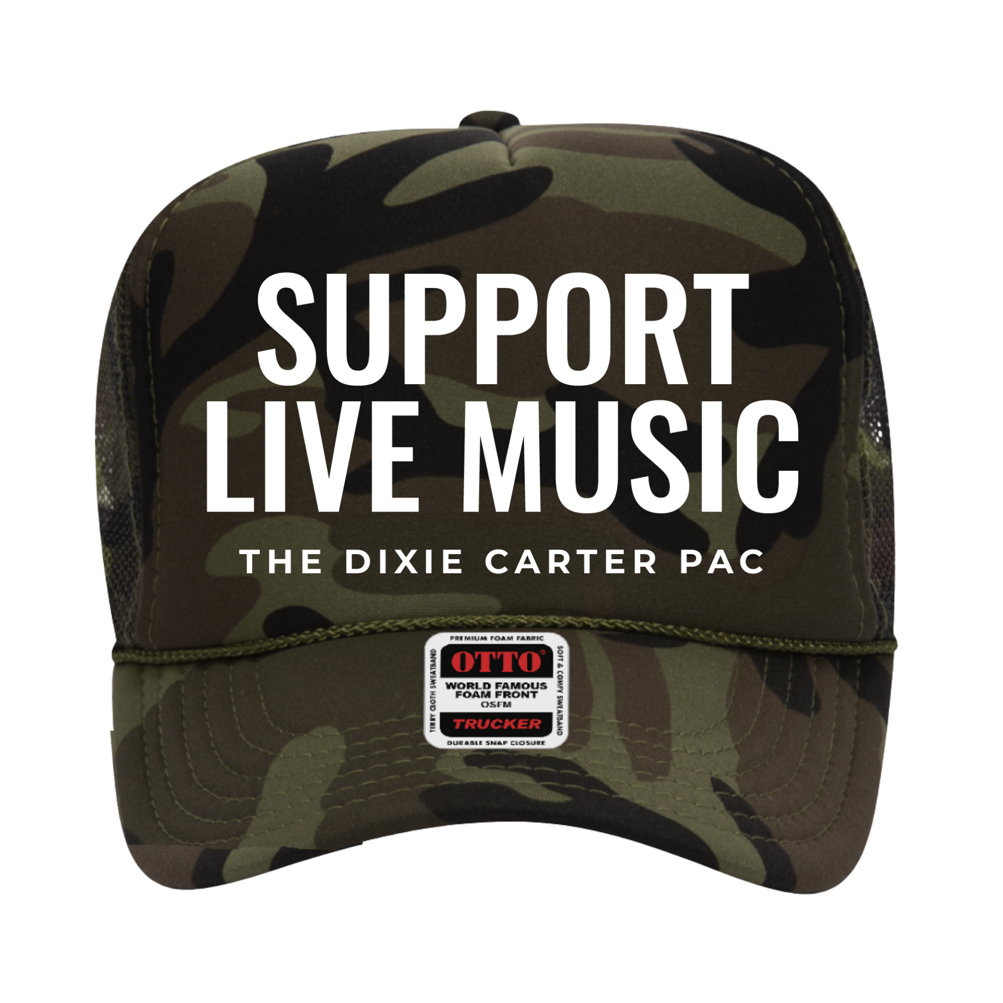 Camouflage trucker hat with Support Live Music logo from The Dixie Carter Performing Arts Center.
