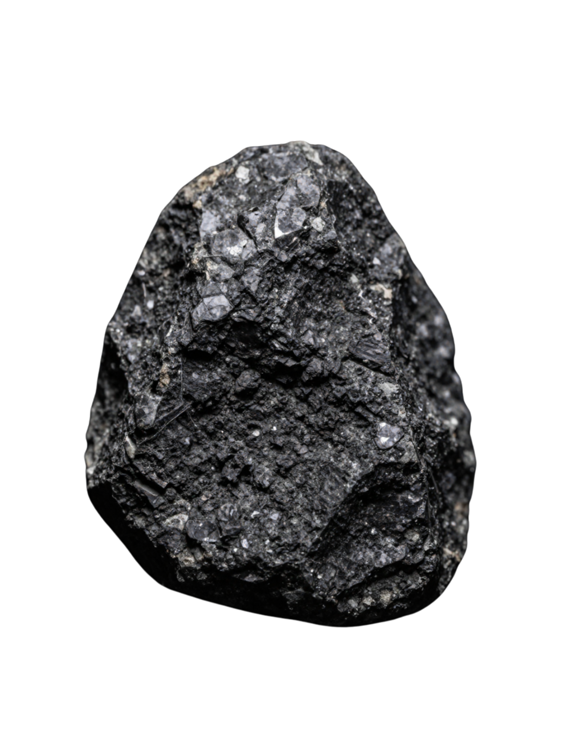Close-up of a black and gray gravelly rock with a shiny surface against a black background.