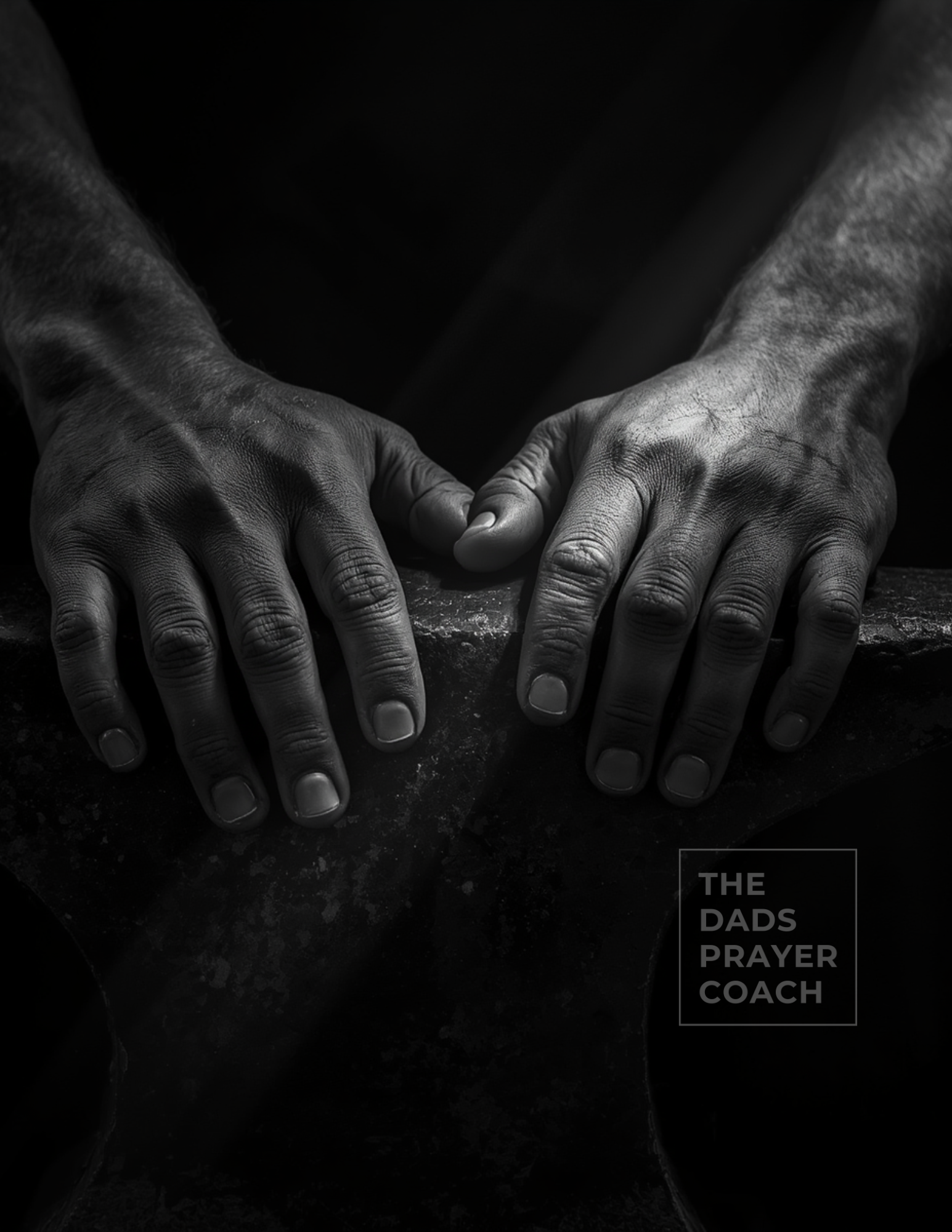 A mans hands folded dirty hardworking in the dark