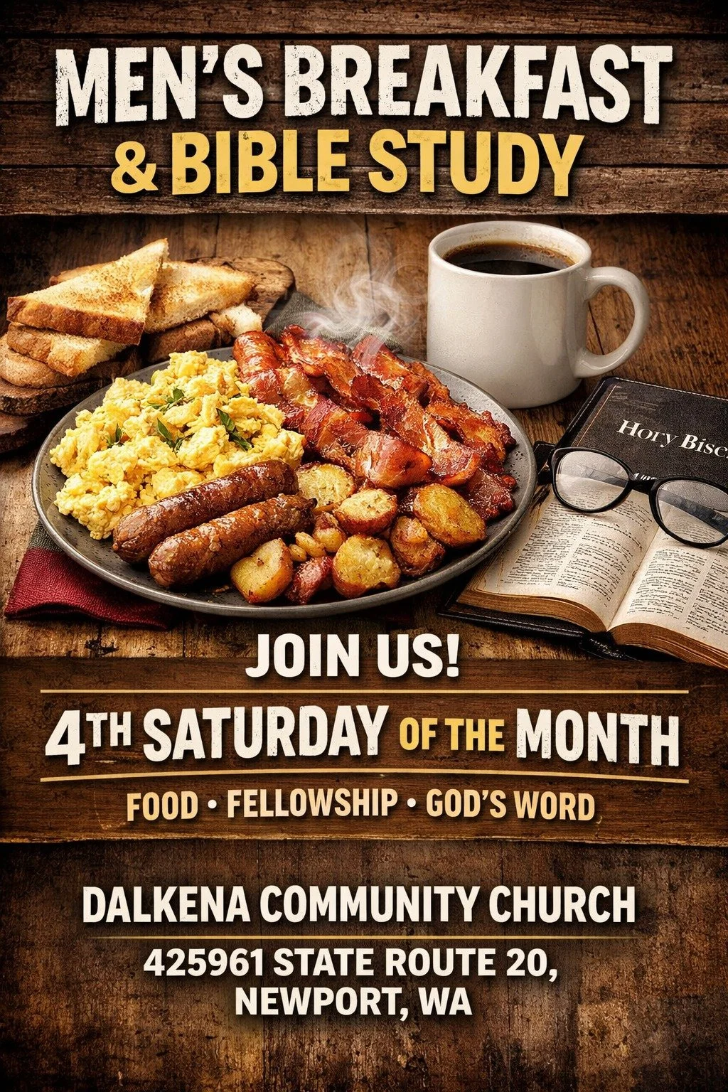 A breakfast plate with scrambled eggs, bacon, sausage links, and roasted potatoes, along with toast slices, a cup of coffee, a Bible, and glasses on a wooden table, advertising a men's breakfast and Bible study event.