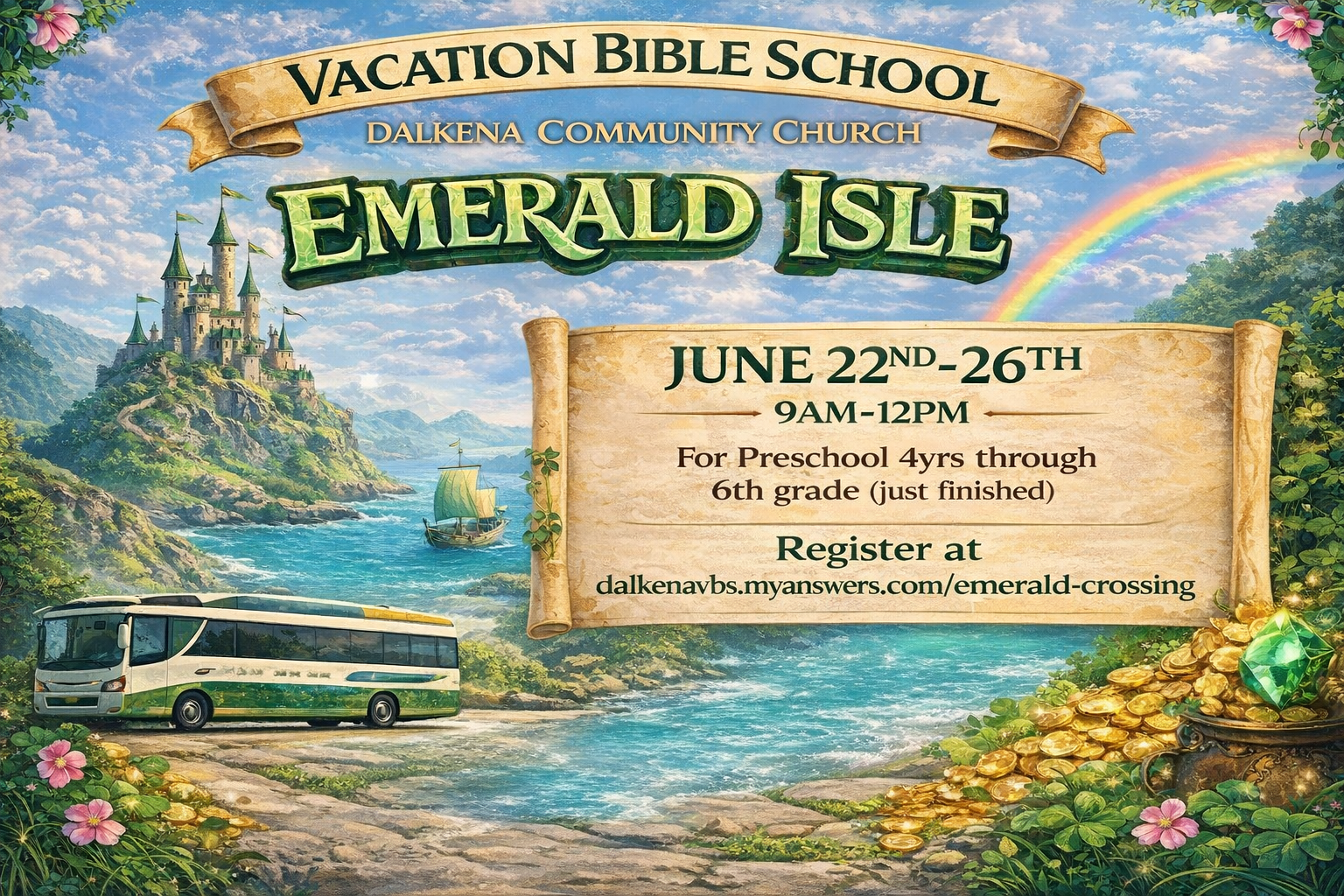 Colorful digital illustration poster for Vacation Bible School at Dalkena Community Church, featuring a fantasy landscape with a castle on a hill, a ship on the water, a bus parked on the shore, a rainbow in the sky, and piles of gold coins and a gem in the foreground. The poster provides details about the event dates, time, age group, and registration link.