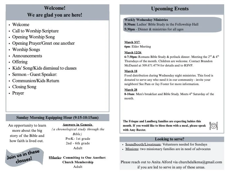 A church bulletin with a welcome message, upcoming events, Sunday morning schedule, and service opportunities. It includes details for weekly Bible studies, church meetings, food distribution, and directions to serve as a volunteer.