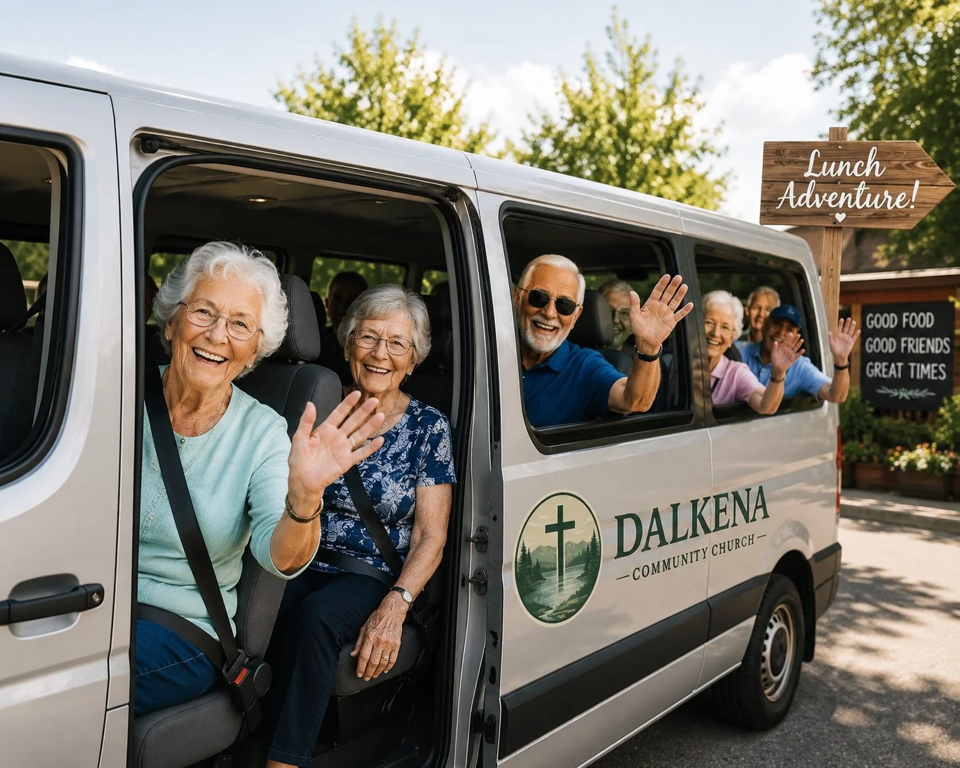 Group of elderly people smiling and waving from a church van with a sign that reads 'Lunch Adventure!'.