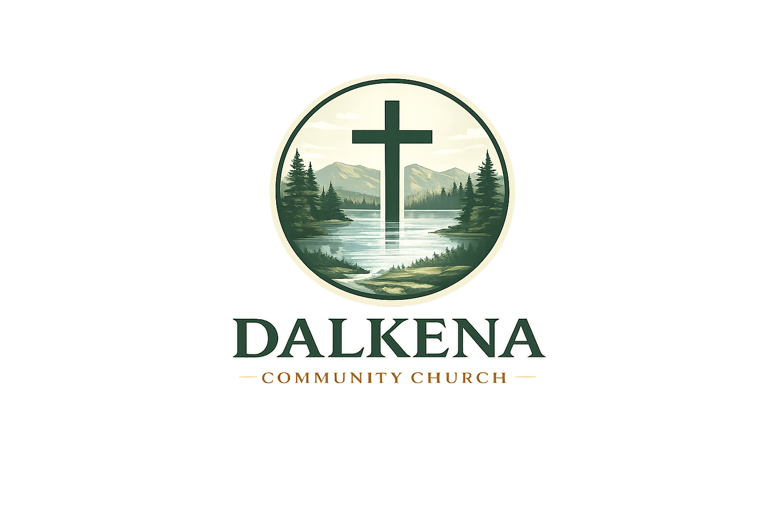 Logo of Dalkena Community Church featuring a mountain landscape, trees, a river, and a cross in a circular frame.