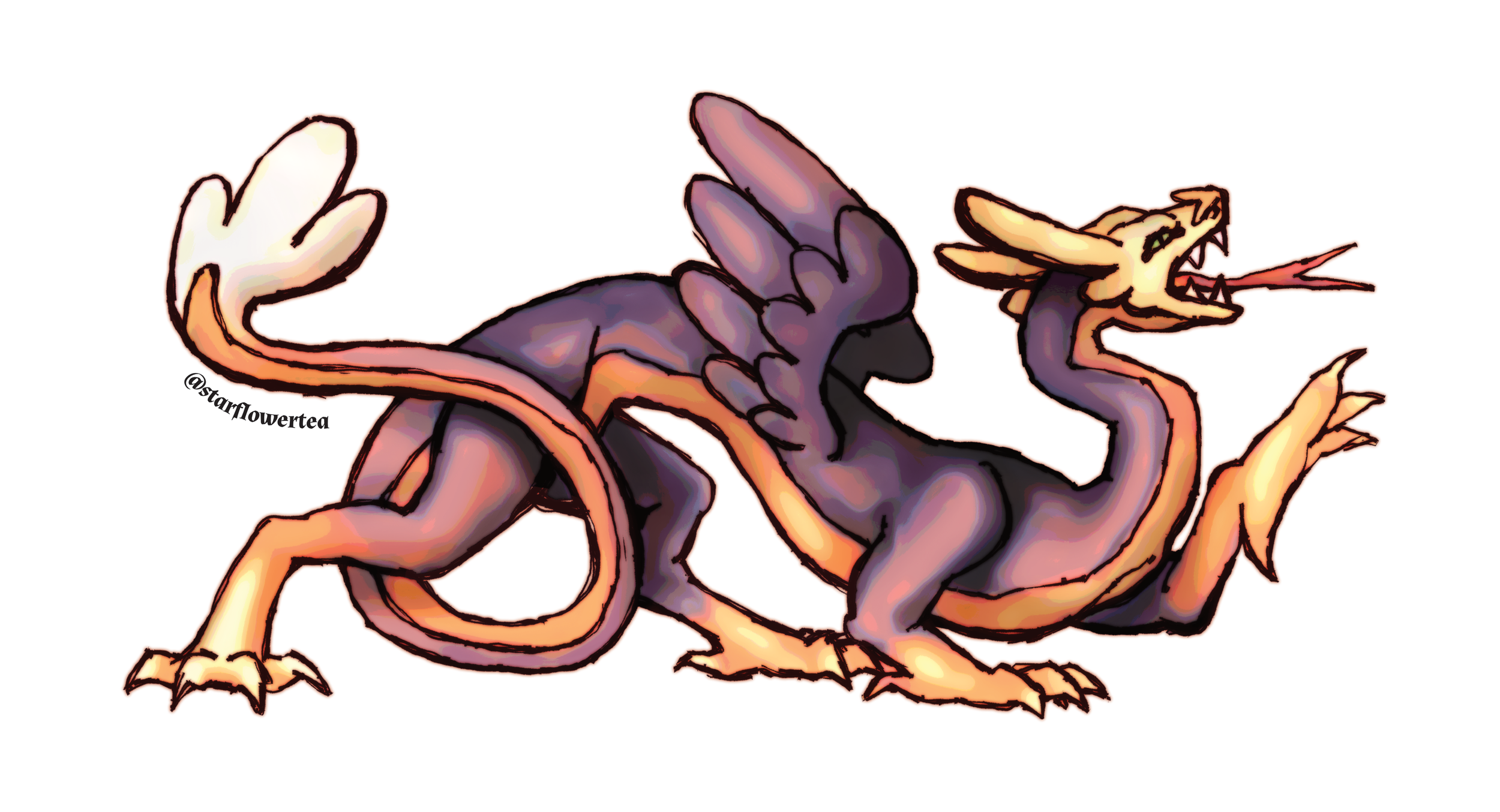 Illustration of a fantasy dragon with purple and orange coloring, wings, sharp teeth, and a long tail.