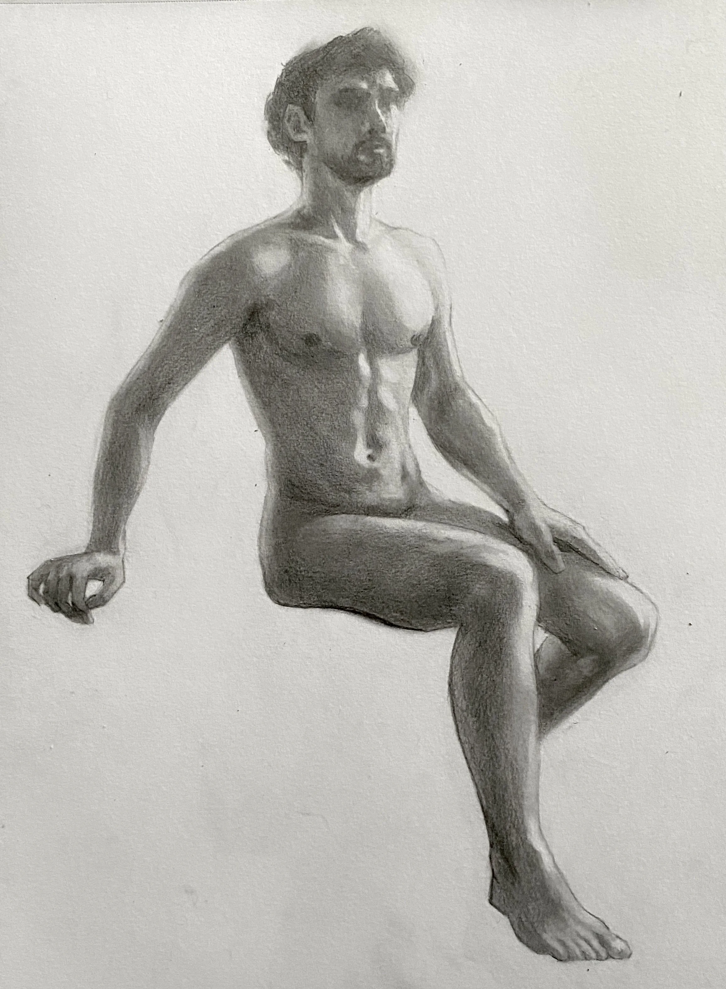 A detailed pencil drawing of a seated male nude figure in profile, with one hand resting on the ground and the other on the knee, on a plain white background.