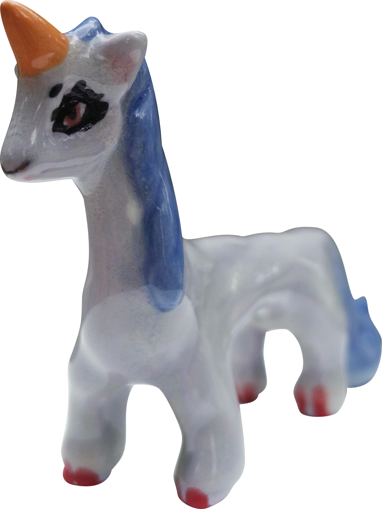 A ceramic figurine of a unicorn with a white body, blue mane, orange horn, and a painted face, set against a background with horizontal blue, gray, and red lines.