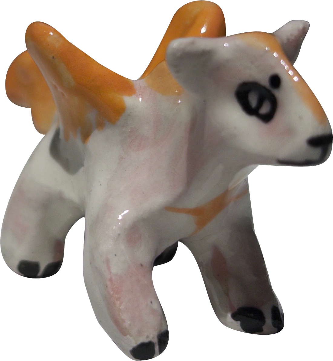 Ceramic figurine of a pegasus with orange gold wings, tail, and short mane. It has a gold star on its belly, black hooves, and black lined facial features.