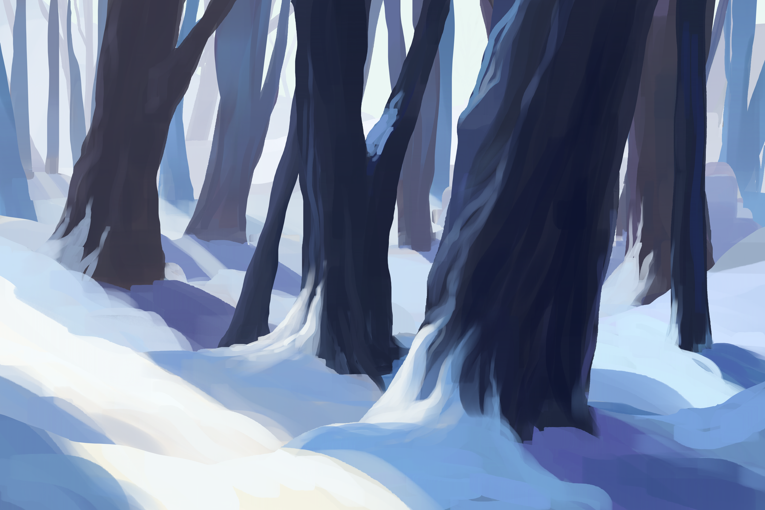 A digital painting of a snowy forest with tall, dark trees and snow-covered ground, with light filtering through the branches.