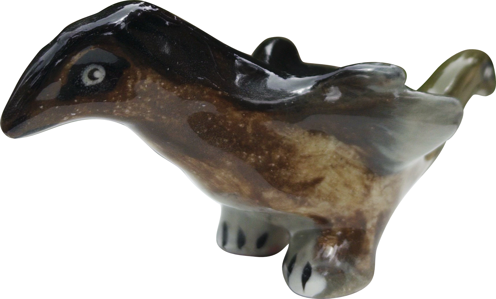 A ceramic chimera figurine of a surreal avian dinosaur with a snake for a tail.