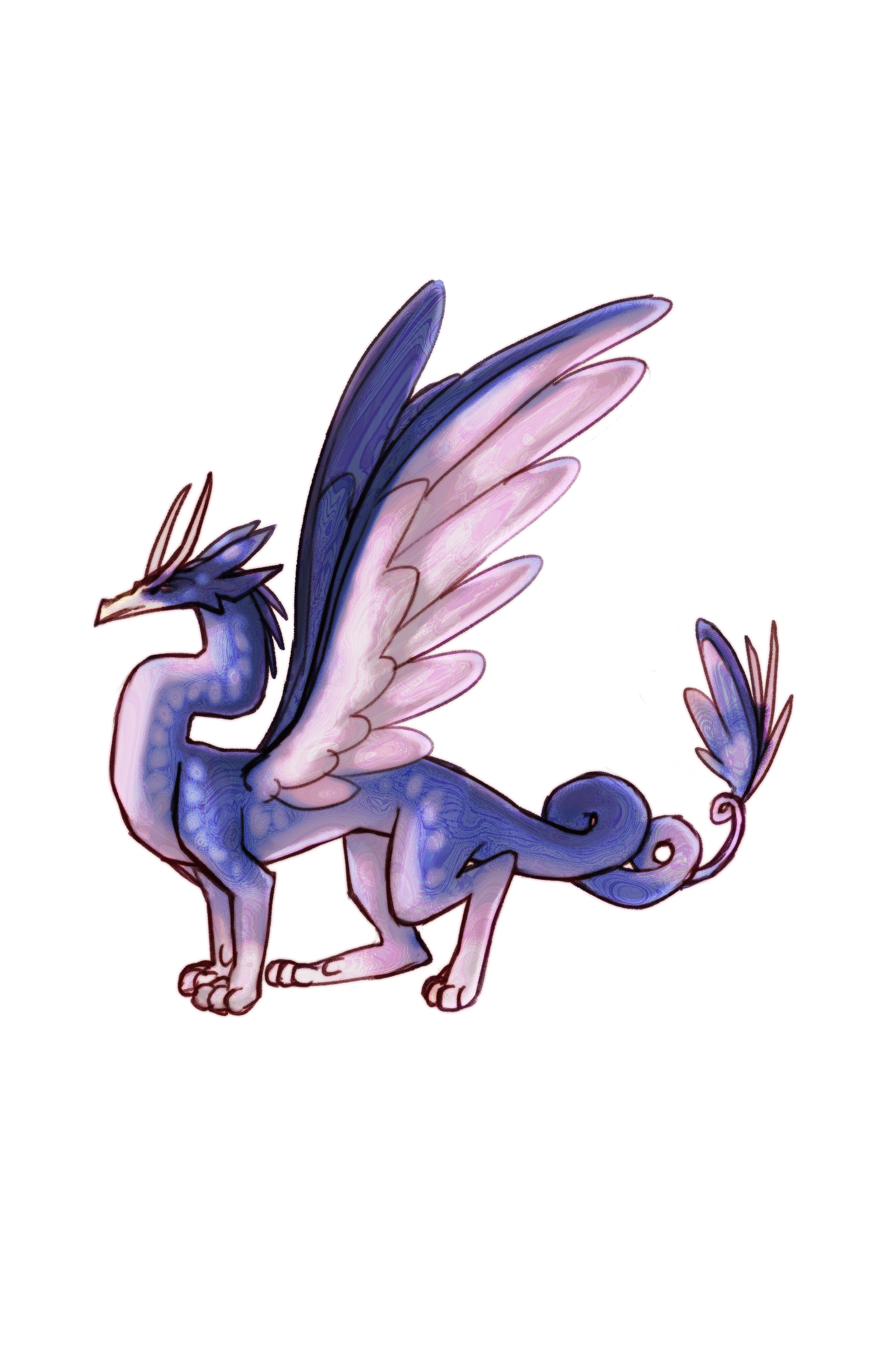 A digital illustration of a majestic dragon, standing on all fours. It has light purple and blue scales, large outstretched wings with white and purple feathers, a fierce expression, and a long, curled tail