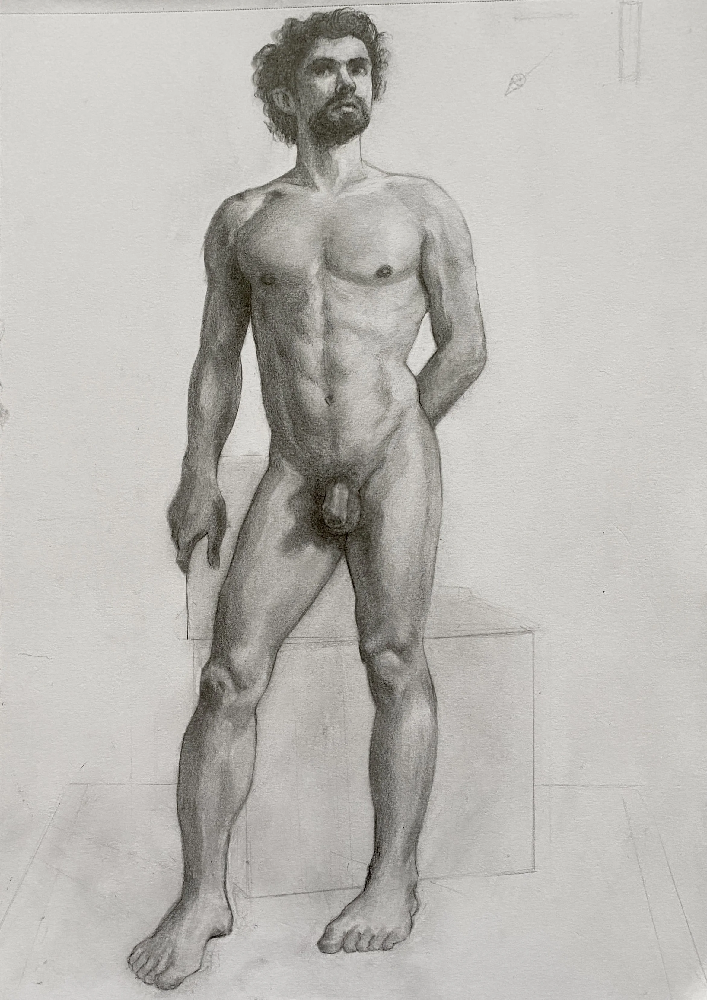 A realistic pencil drawing of a nude male standing on a platform, with a sketchy background and a grid outline on the paper.