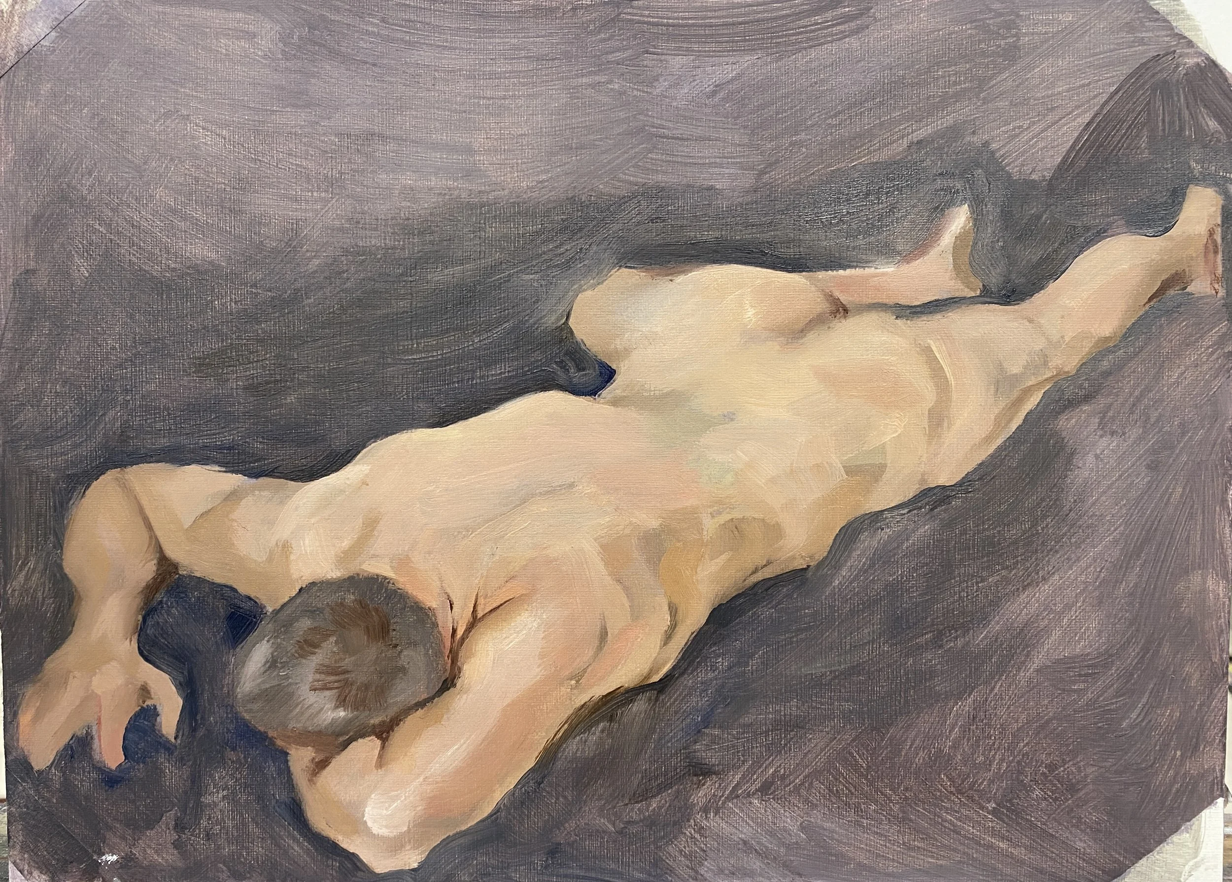A close-up of a painting featuring a nude woman with dark hair, lying on her side with her head resting on her arm, against a dark background.